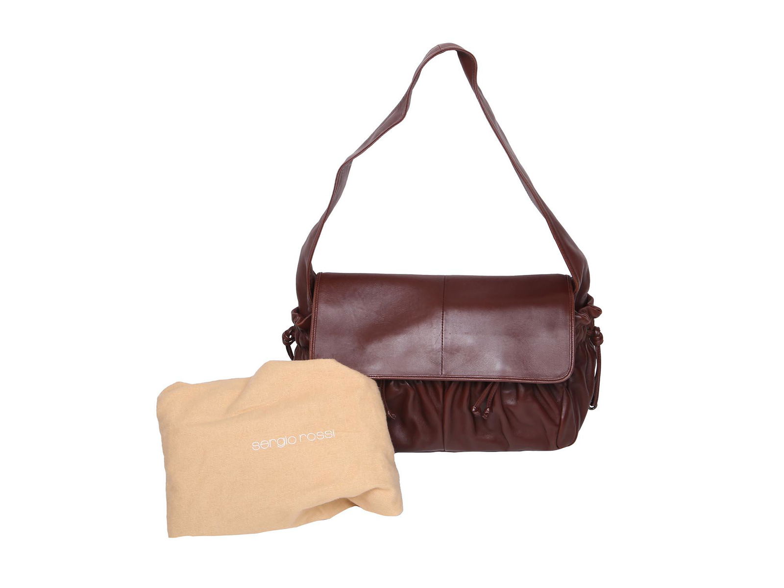 ITALIAN SERGIO ROSSI DARK BROWN LEATHER BAG: An Italian Sergio Rossi dark chocolate brown leather shoulder bag. A single strap shoulder made of leather. The bag is decorated with an embossed design. A silver tone metal clasp on the front. Marked