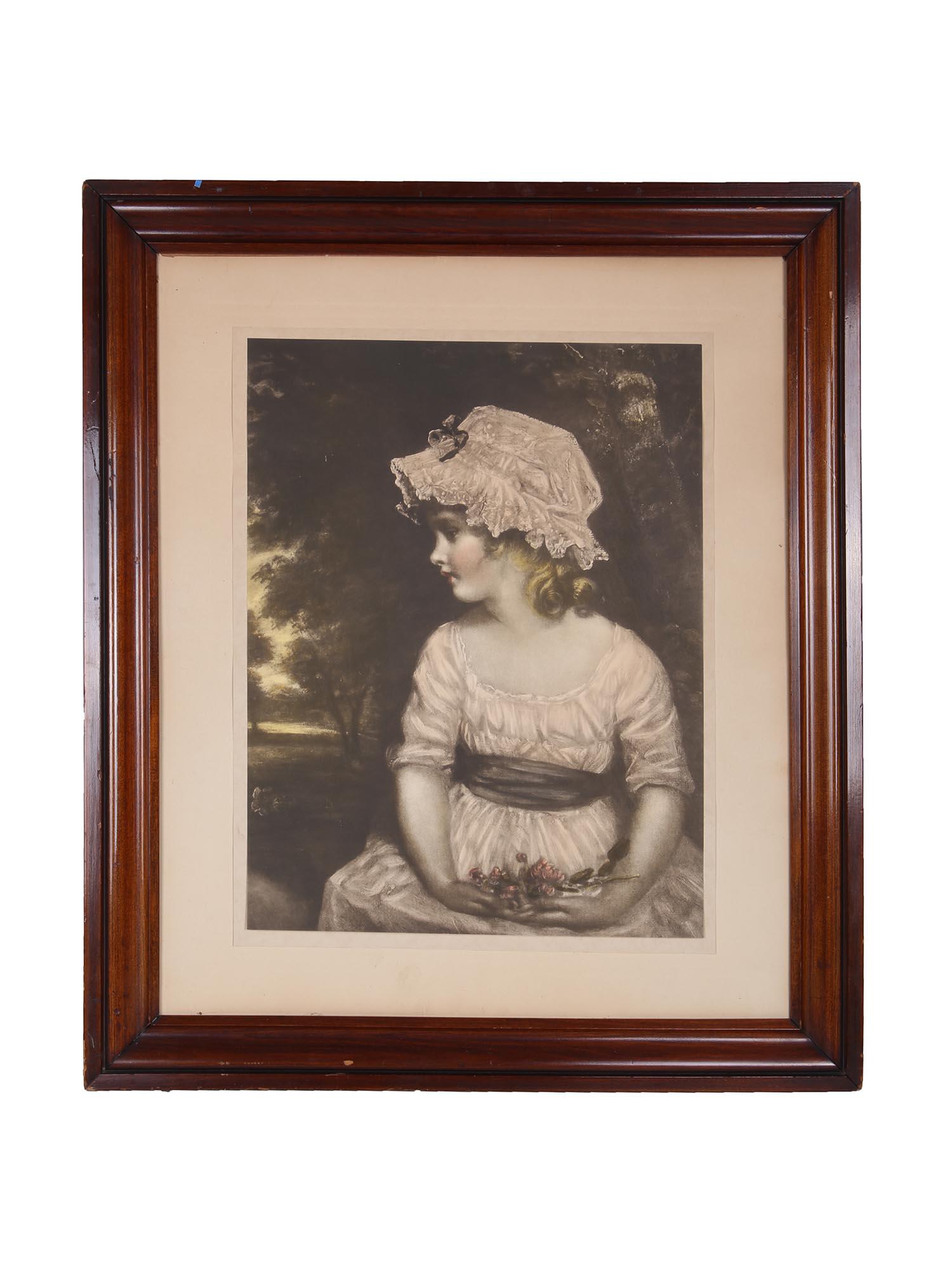 ANTIQUE PRINT GIRL WITH FLOWERS AFTER REYNOLDS: An antique colored print of an engraving executed by Francesco Bartolozzi after sir Joshua Reynolds, 1723-1792, British artist. Painting titled Simplicity, 1785, is a portrait of Miss Theophila Gwatki