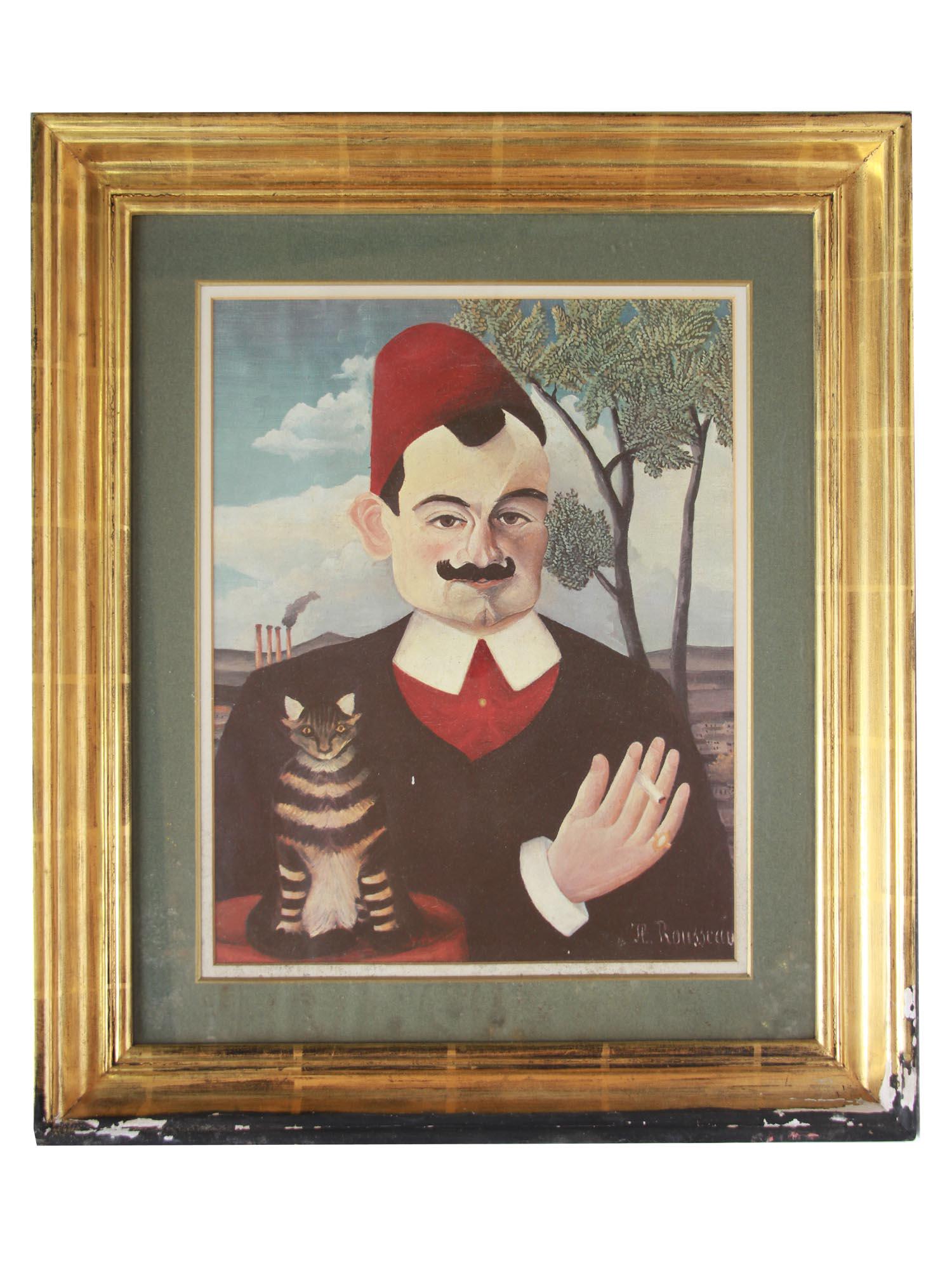 AFTER HENRI ROUSSEAU VINTAGE PRINT PORTRAIT LOTI: After Henri Rousseau (French, 1844â€“1910) print on paper. The Portrait of Pierre Loti, 1891, antique lithograph on paper. Signed in plate, lower right. Framed. Henri Rousseau was a post-impressi