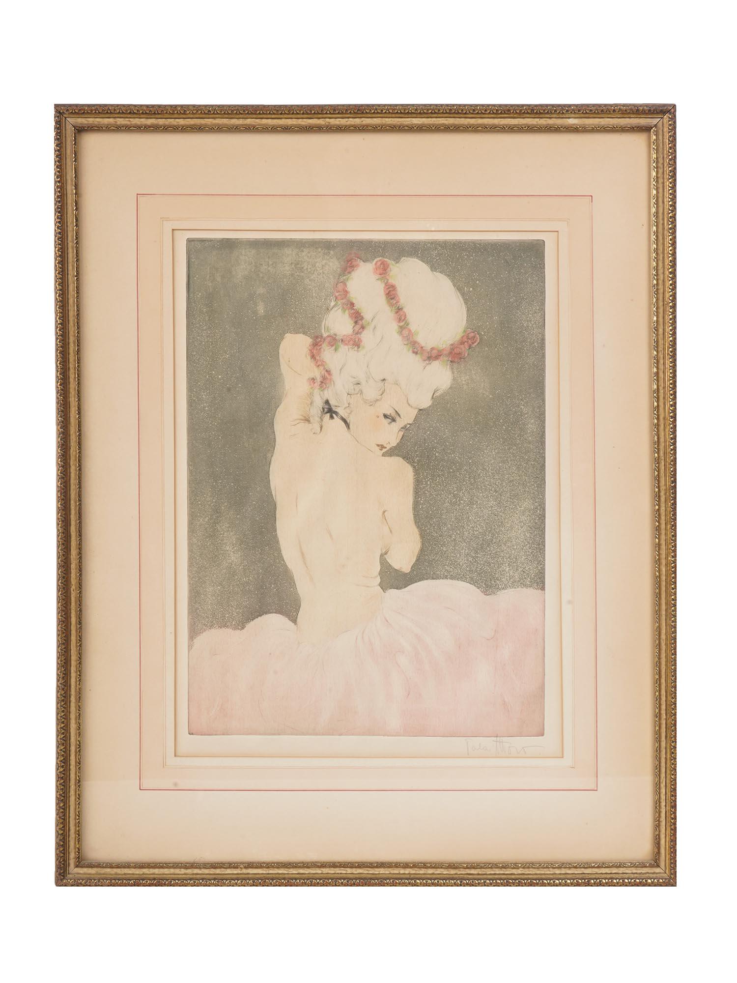 VALA MORO SIGNED ETCHING, THE CONTESSA, 1935: Vala Moro, Austrian graphic artist, 20th century. The etching depicts an elegant half nude woman from the back, wearing a Rococo style wig decorated with flowers. Signed in pencil by the artist lower