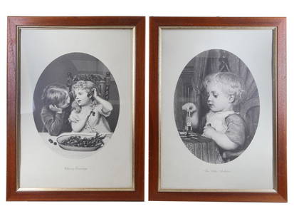 A SET OF TWO ANTIQUE ENGRAVINGS: Two antique engravings, titled Cherry Earrings after the picture by Fred Morgan, and Little Architect after the painting by Albert Anker. Steel engraving, late 19th century. Framed. Dimensions: Framed