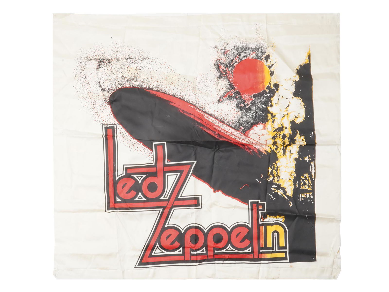 VINTAGE LED ZEPPELIN MUSIC FABRIC PENNANT BANNER: A vintage Led Zeppelin fabric pennant banner. The banner is decorated with a printed image of a cover of the debut studio album by British rock band Led Zeppelin, recorded in October 1968. Circa: 1980