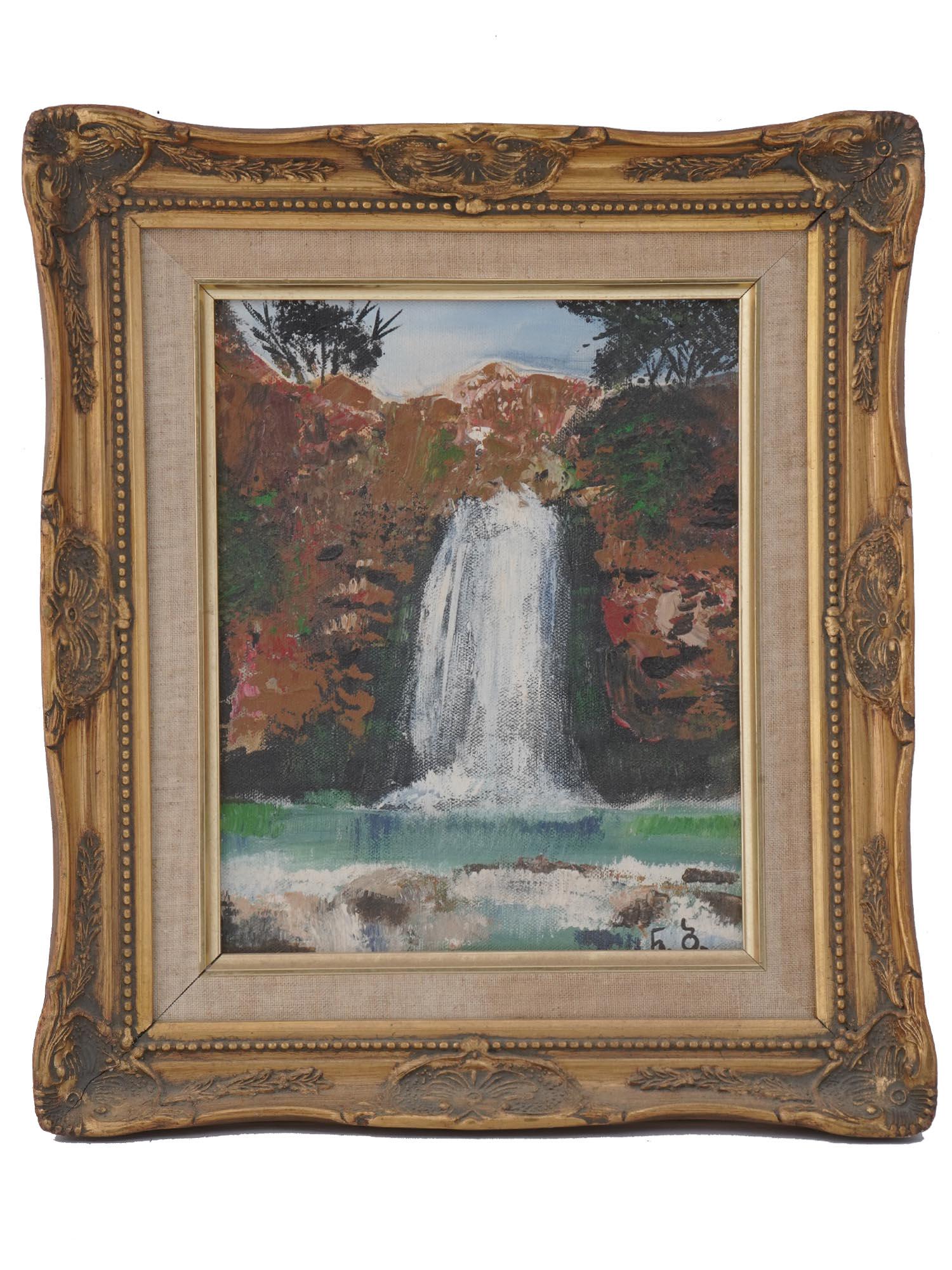 OIL PAINTING WATERFALL IN THE MANNER OF BOB ROSS: A vintage oil painting on canvas depicting a waterfall. Signed by the artist with initials lower right. Framed. The painting is based on the wet on wet style popularised by Bob Ross. An original paper