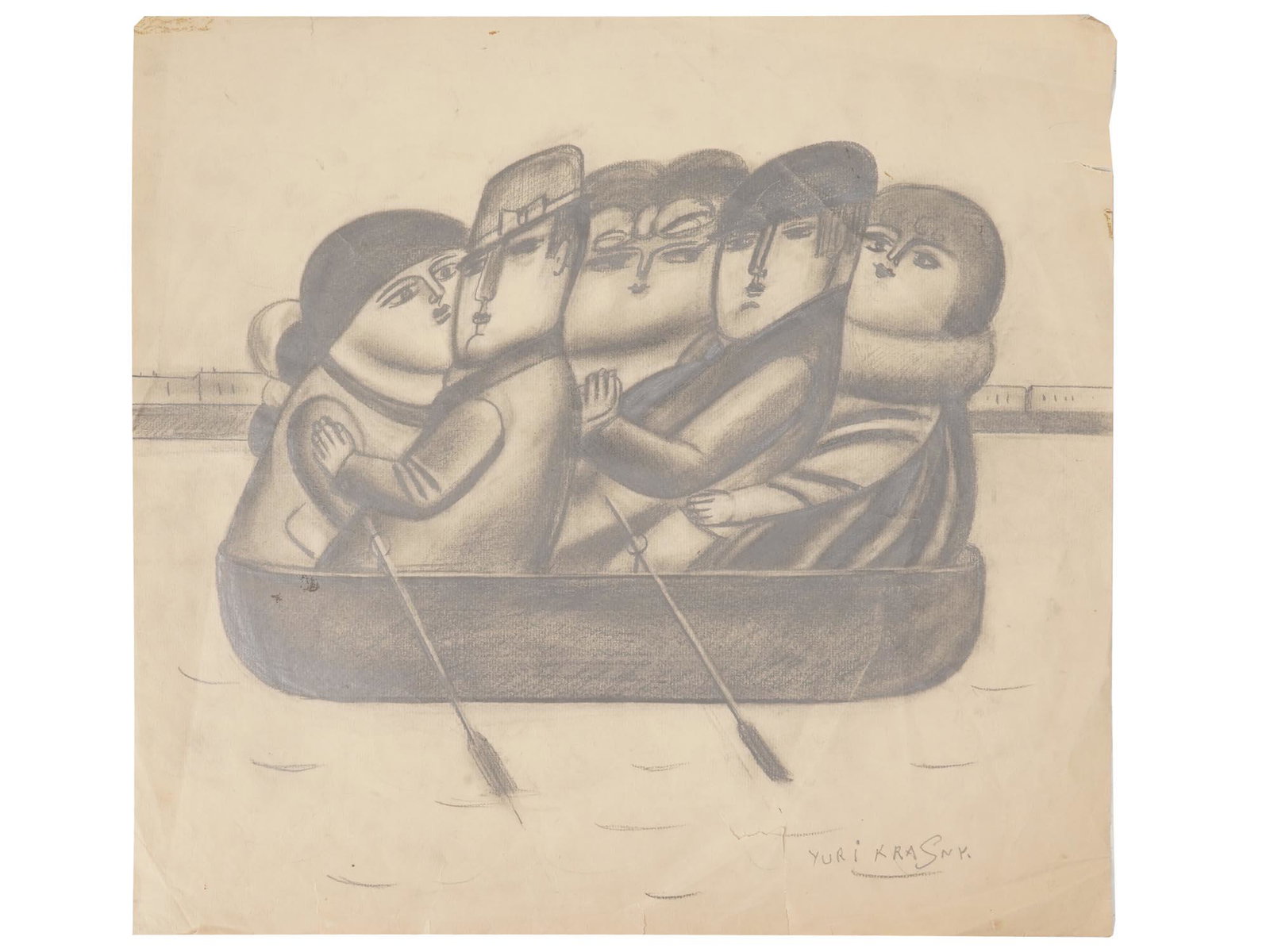 RUSSIAN SOVIET PENCIL PAINTING BY YURI KRASNY: Yuri Mihailovich Krasny (Russian, 1925-2005) Naive art pencil painting on paper depicting a scene in the boat with surreal caricature male and female figures. Signed lower right. One of a kind artwork