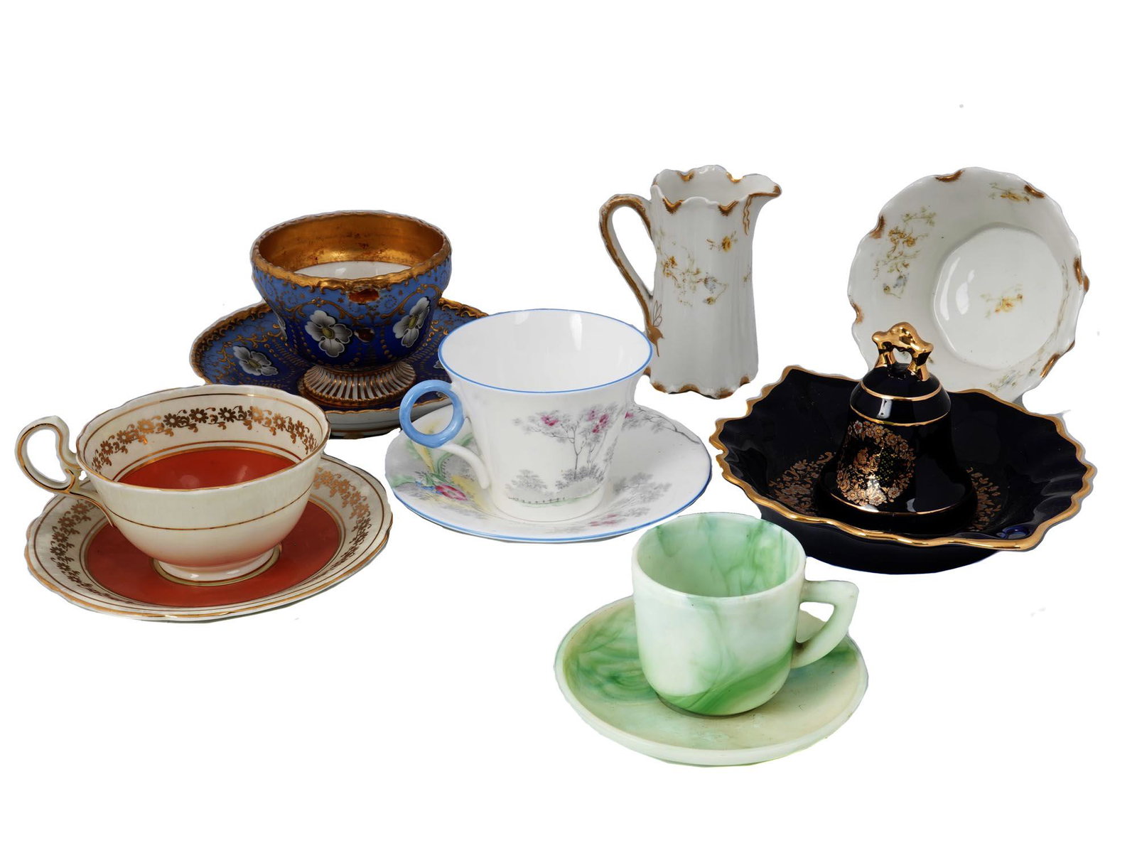 ANTIQUE ENGLISH FRENCH PORCELAIN SERVEWARE, BELL: The lot includes a vintage porcelain Shelley England Fine Bone China teacup and saucer painted with flowers, c1932, carries the Shelley England back stamp and Lawleys; Aynsley England Bone China porce