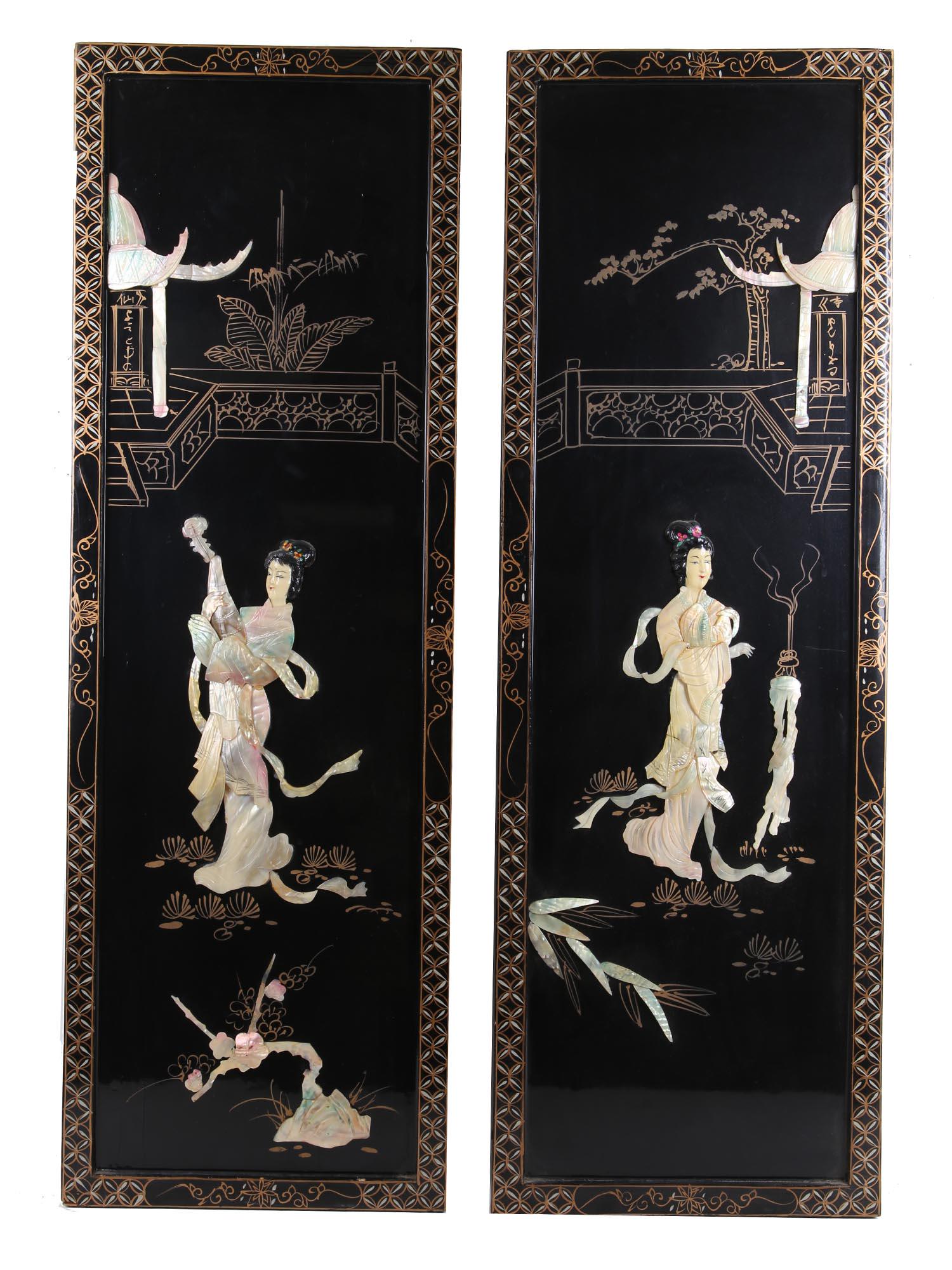 TWO ORIENTAL CARVED AND LACQUERED WOOD PANELS (1 of 6)
