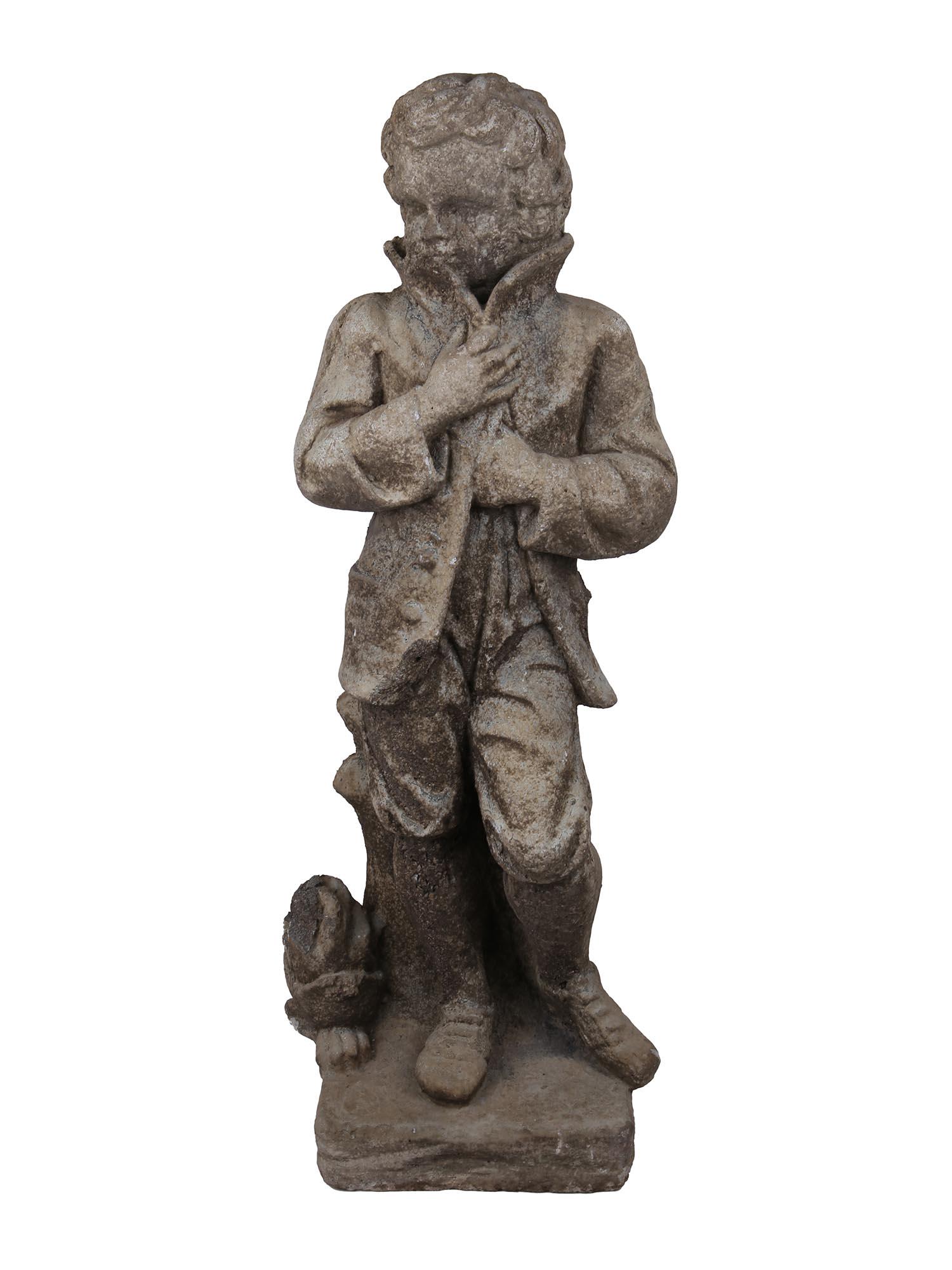 VINTAGE BIG CONCRETE GARDEN SCULPTURE OF BOY: A vintage big concrete garden figure of a man in a jacket. On a square base. Outdoor cement sculptures. Dimensions: 30" in. Tall. All measurements are approximate.
