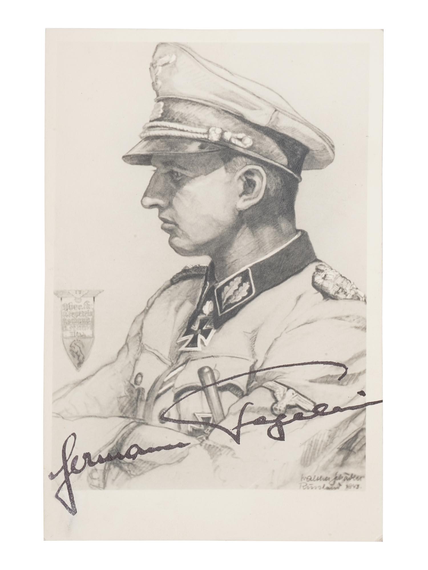 A RARE WWII NAZI HERMANN FEGELEIN SIGNED POSTCARD: A rare WWII German NAZI postcard, depicting a profile portrait of Hermann Fegelein in uniform boldly hand-signed across the image by Hermann Fegelein. Hermann Fegelein, 1906 - 1945, was a Nazi militar