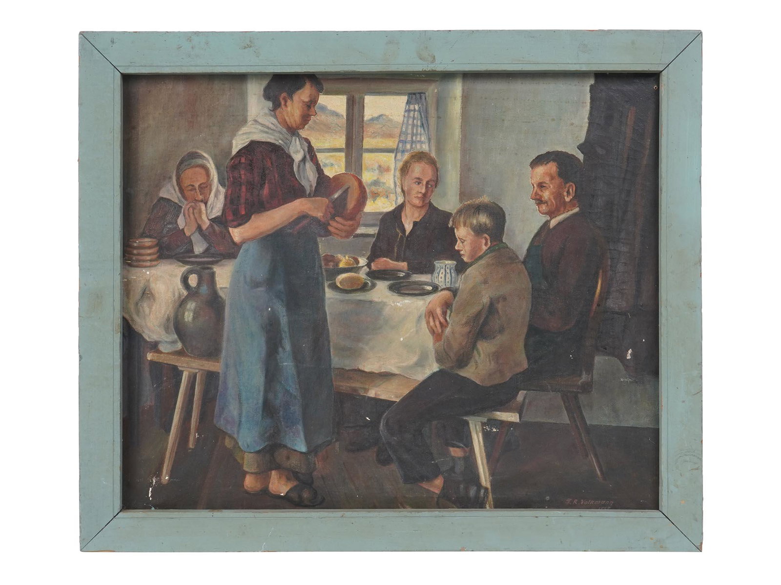 FAMILY DINNER MID CENTURY OIL PAINTING SIGNED (1 of 4)