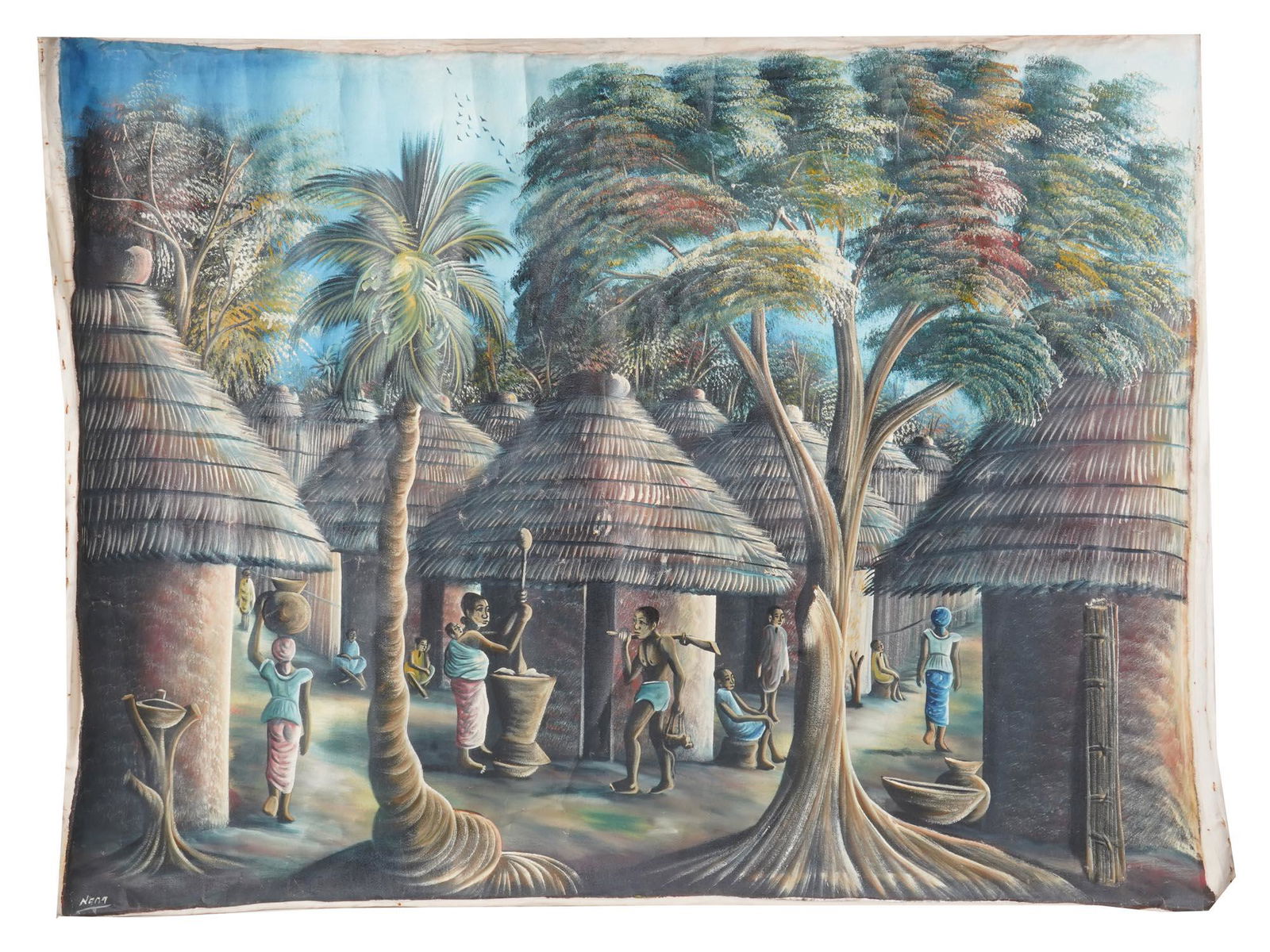 VINTAGE OIL CANVAS PRIMITIVE PAINTING SIGNED NANA (1 of 3)