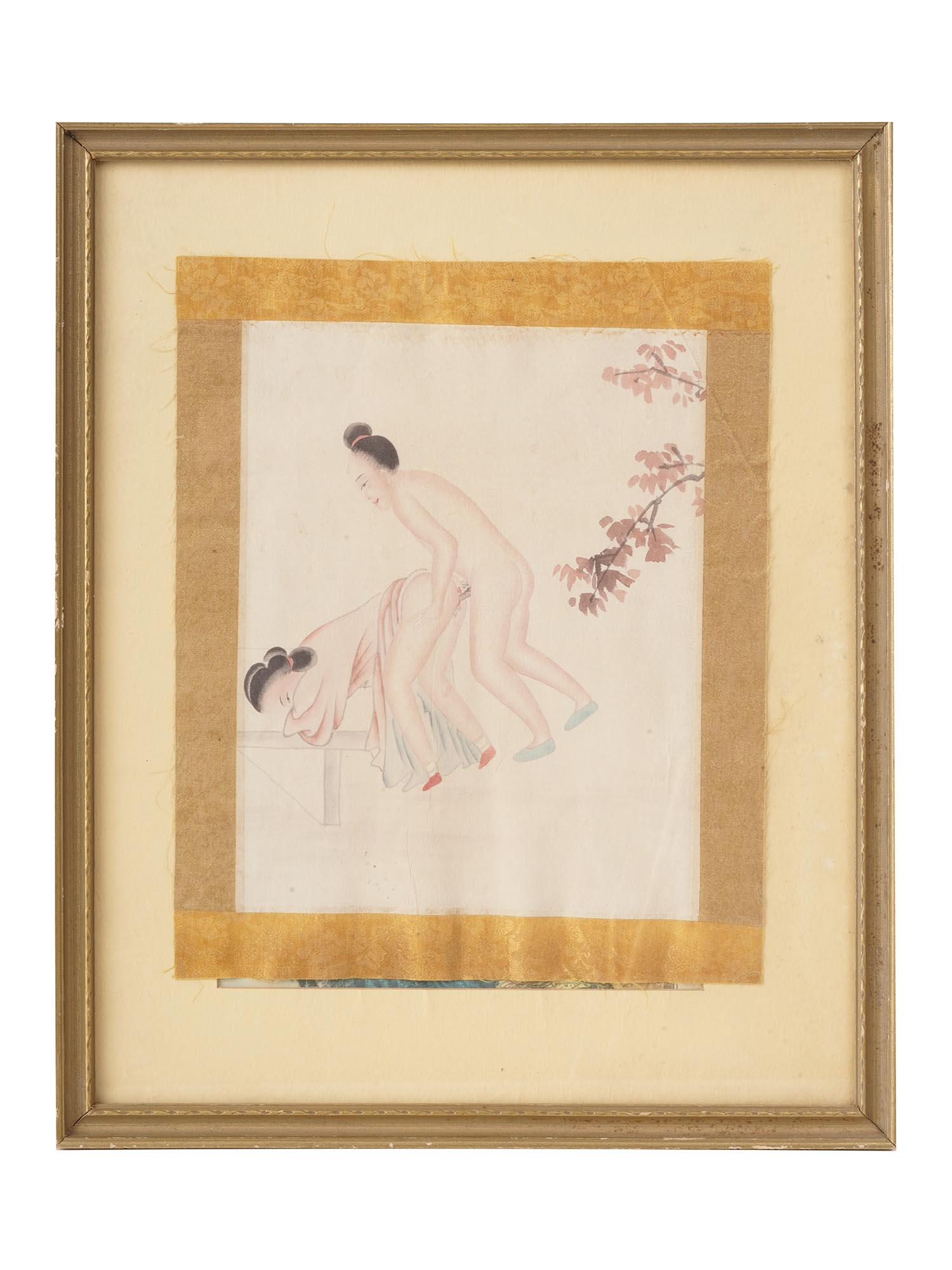 ANTIQUE CHINESE EROTIC SCENE WATERCOLOR PAINTING: Antique Chinese late Qing Dynasty watercolor painting on paper depicting an erotic scene with a couple. Silk matted. Circa: 19th century. Framed. An original paper label of a Temple Furniture, New Yor