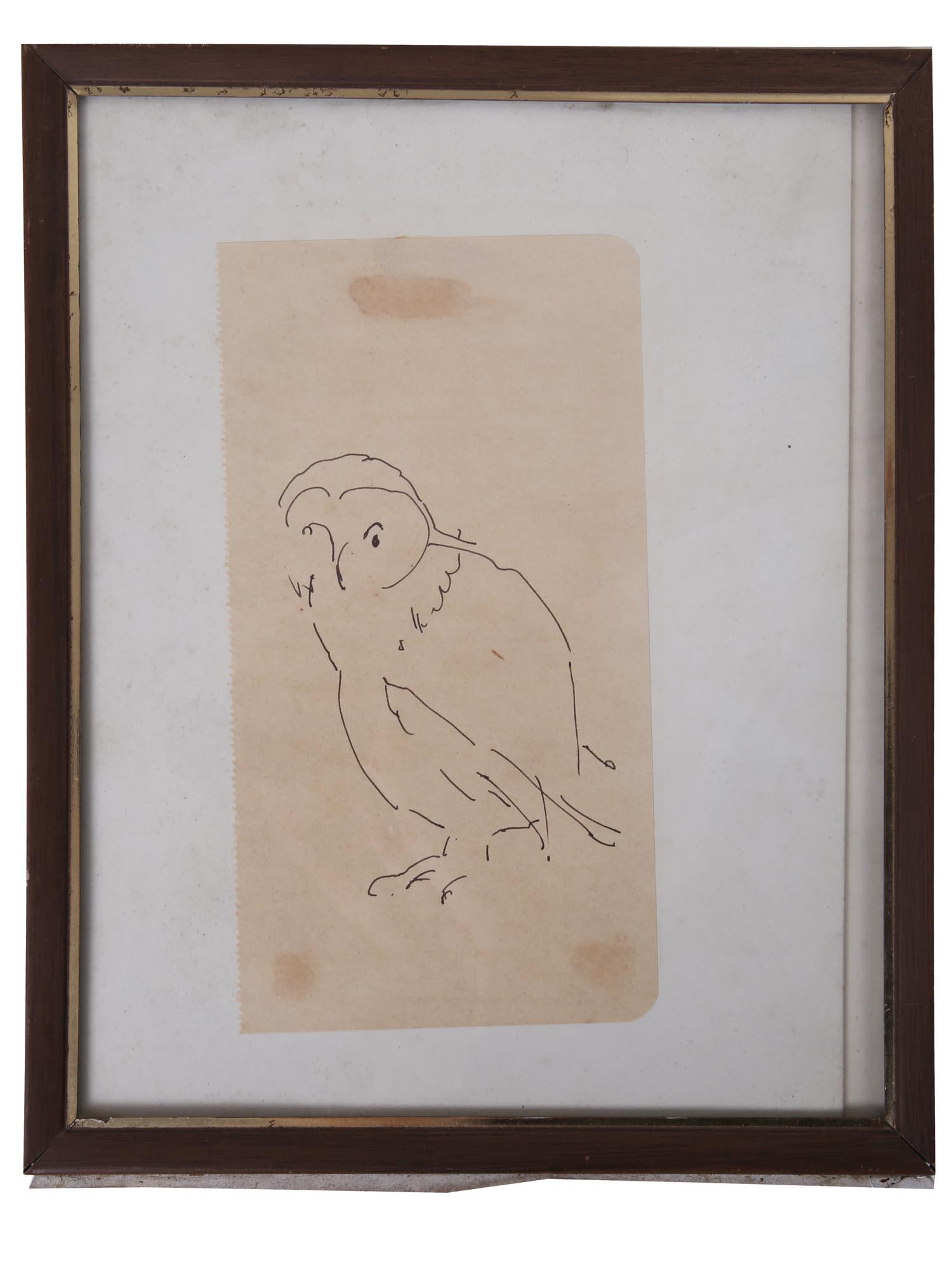 OWL BIRD INK PAINTING SKETCH BY MEYER F LIEBERMAN: Meyer Frank Lieberman, American 1923 to 2013. Small sketch, ink pencil painting on paper depicting an owl. Framed. Meyer Frank Lieberman was born in 1923, and was a student of Reginald Marsh at the Ar
