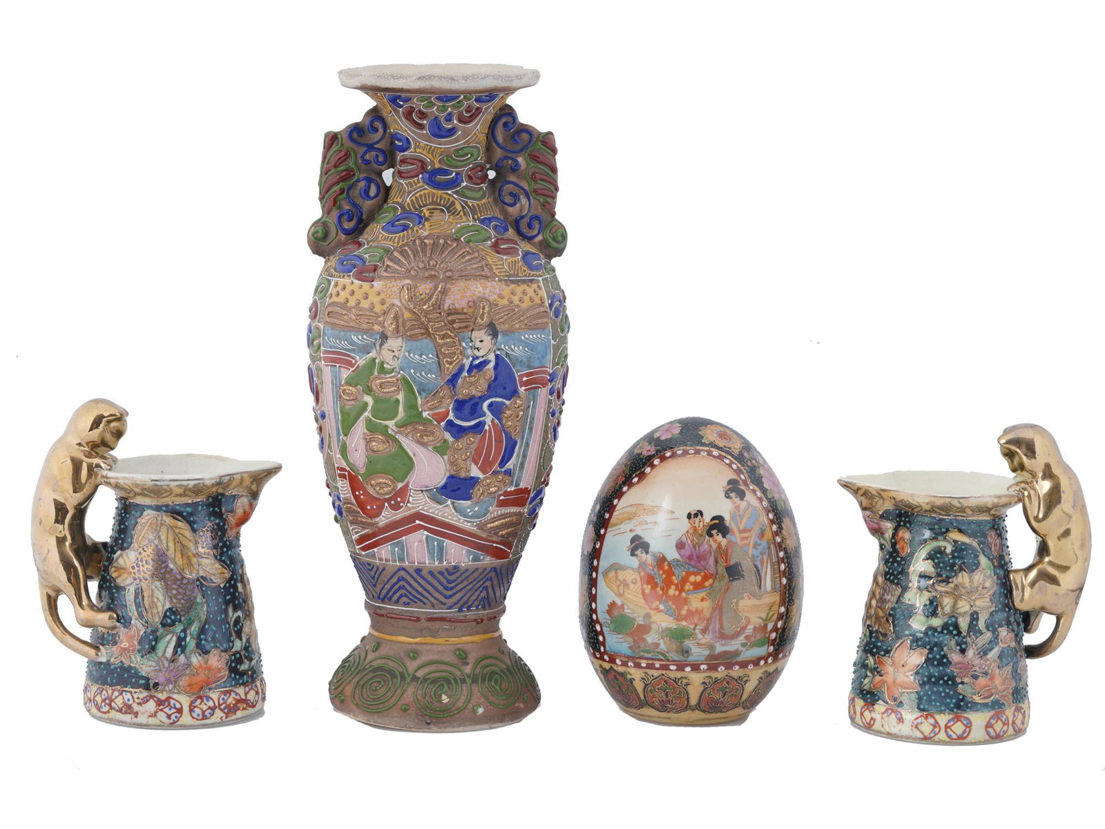 VINTAGE COLLECTION OF JAPANESE SATSUMA ITEMS: The lot includes a Japanese Satsuma hand Painted porcelain egg, beautifully decorated with gilding, traditional floral design and a medallion depicting a scene with Japanese geishas in the boat, a pai