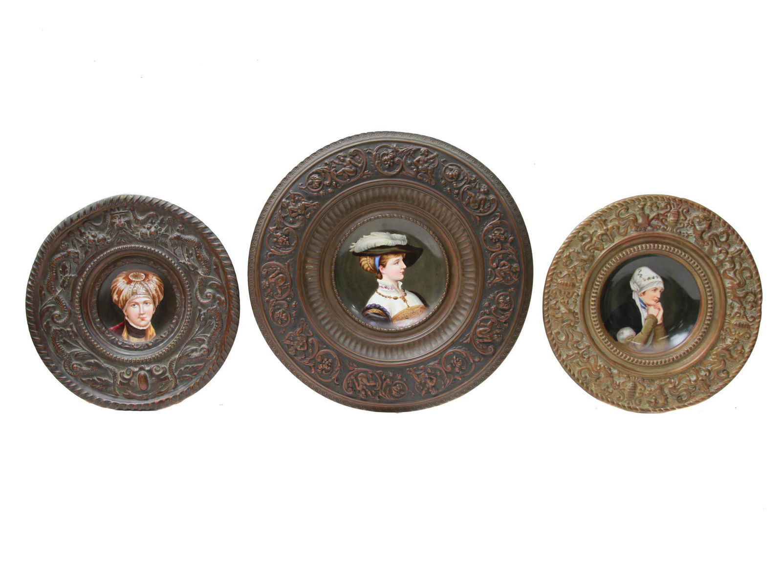 LOT THREE HAND PAINTED PORCELAIN & COPPER PLATES (1 of 9)