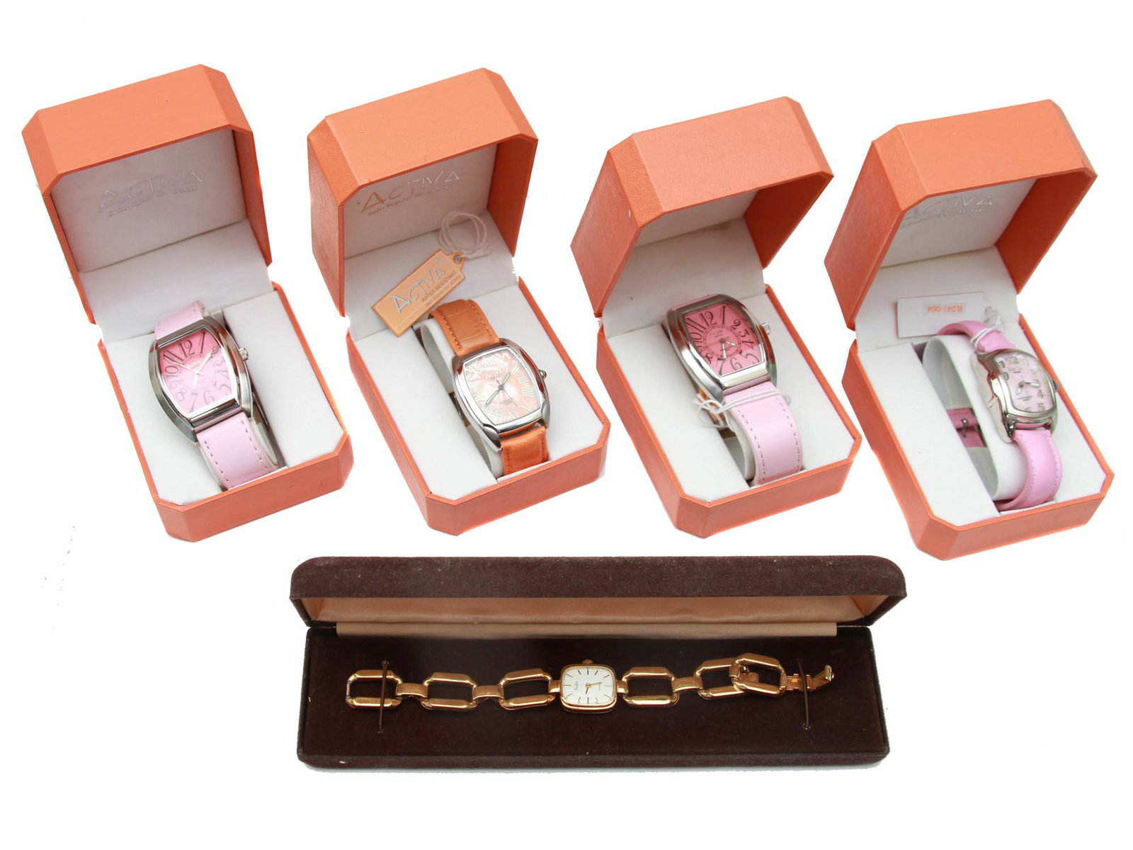 A SET OF FIVE VINTAGE WATCHES IN ORIGINAL BOXES: A lot includes four Swiss women's ACTIVA watches. Some sapphire coated with pink and orange leather bands. One women's Pedre watches with stainless steel back and a gilt chain-style band. Made in Fran