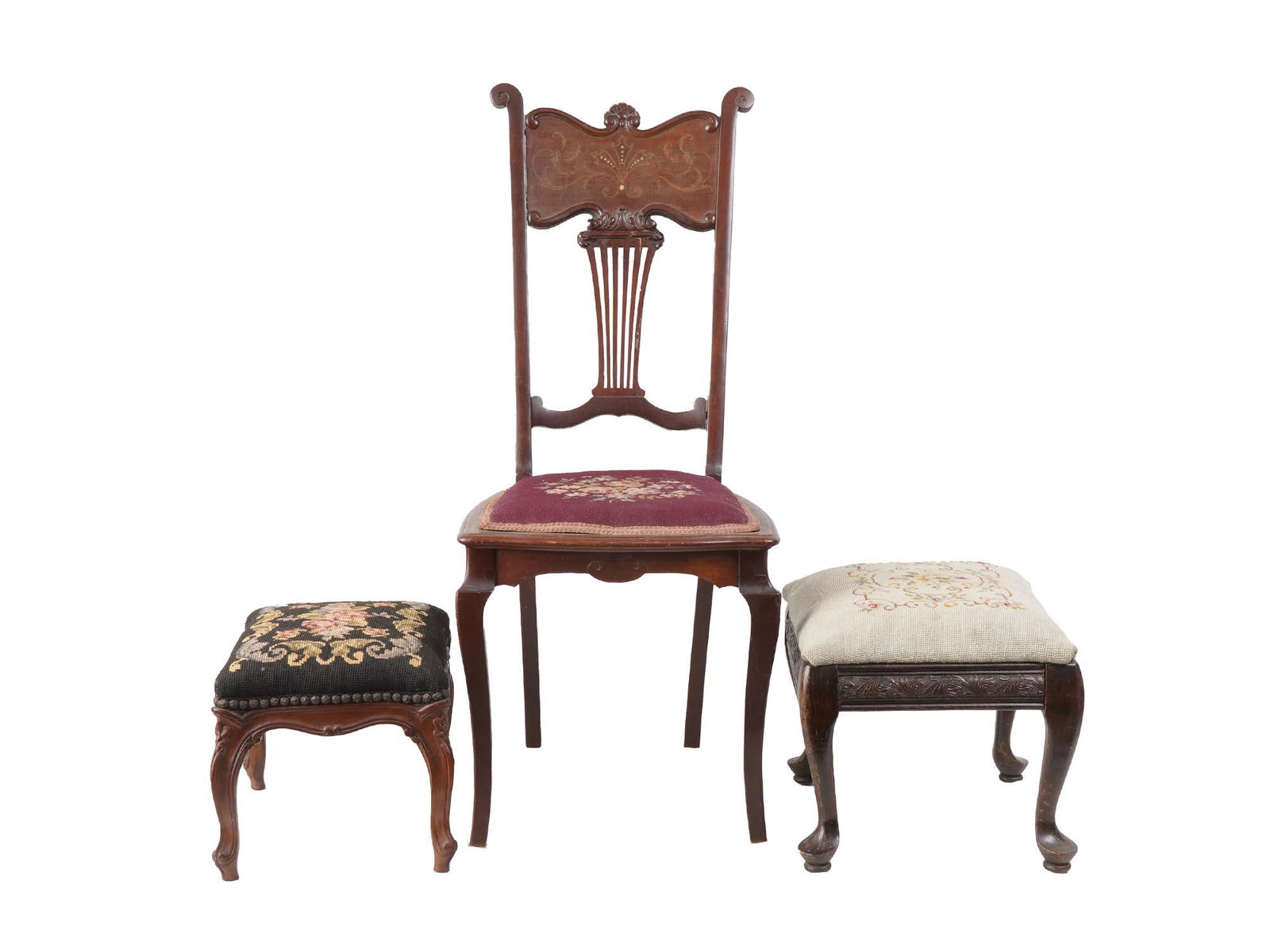 ANTIQUE CHAIR AND TWO FOOTSTOOLS WITH EMBROIDERY (1 of 11)