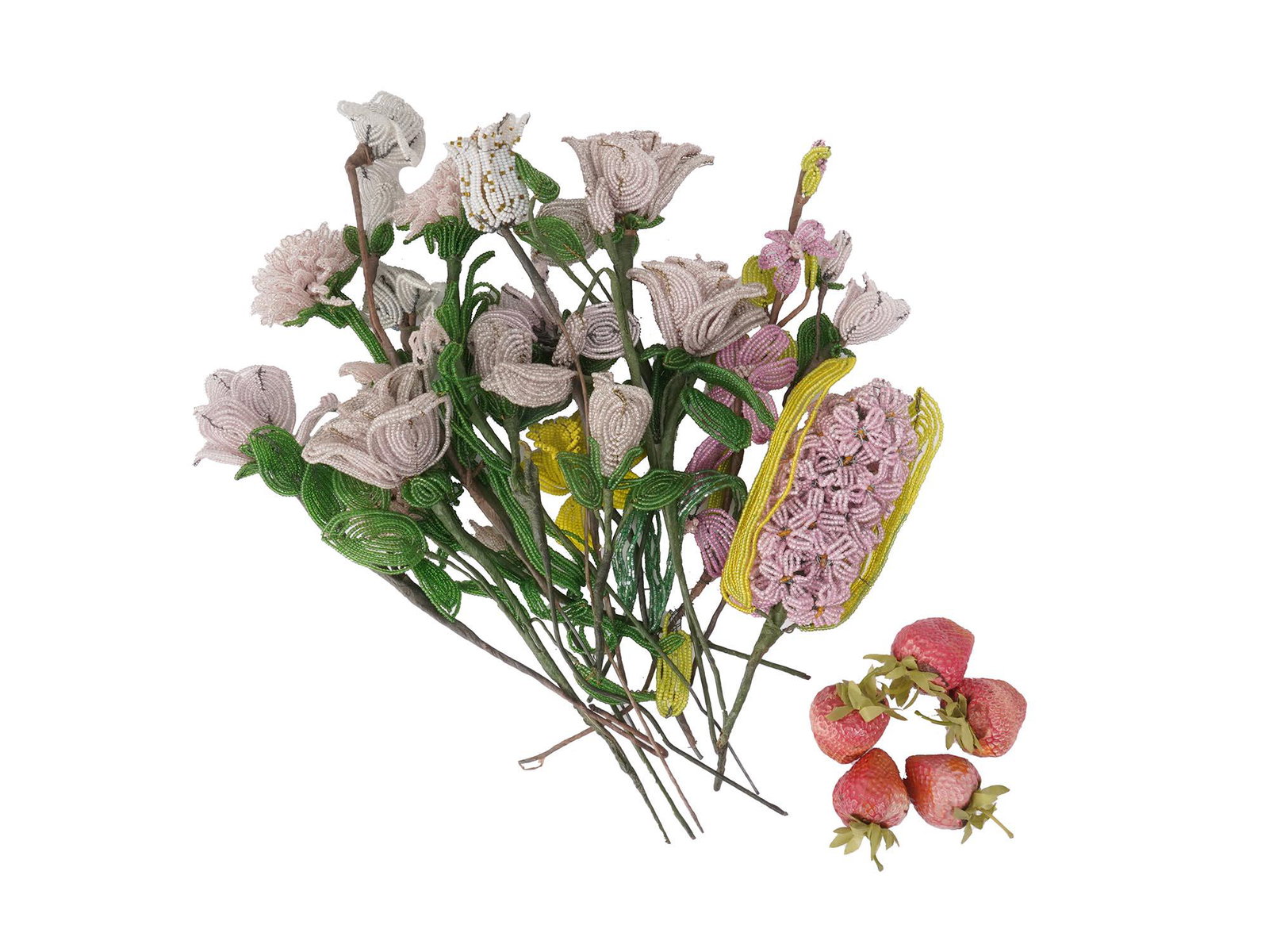 COLLECTION MID CENTURY HAND MADE BEADED FLOWERS: A collection of Mid century hand made beaded wares. The collection include a group of multi colored various flowers and a group of strawberries figurines with leaves made of fabric . Vintage Hand Made