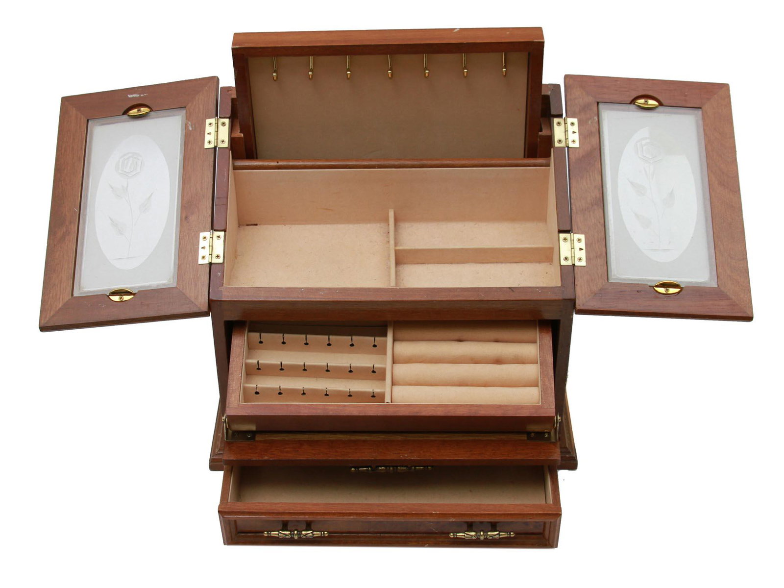 A VINTAGE ROSALCO JEWELRY BOX: A vintage solid wood jewelry box with the etched roses glass top by Rosalco, the Commodore Collection. Made in Taiwan, 1987. Dimensions: 12 x 7 x 10 3/4 in.