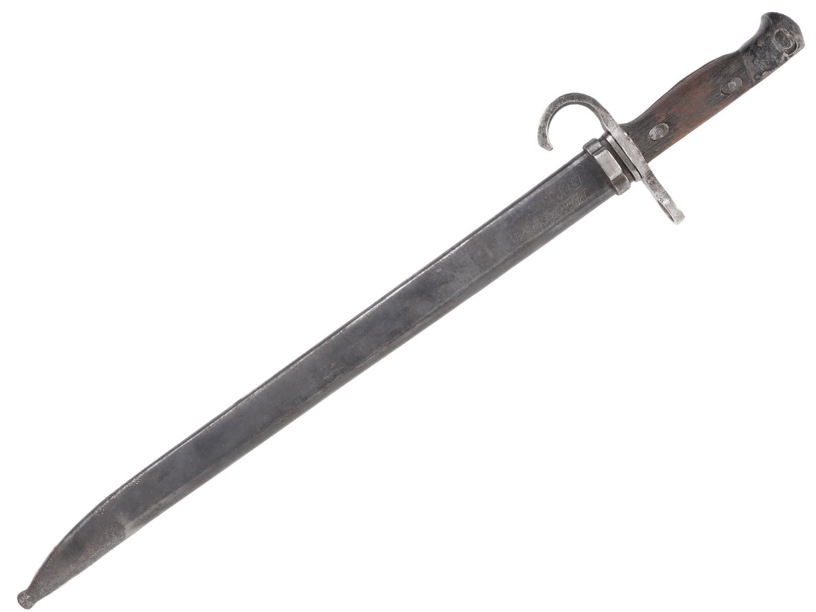 WWII IMPERIAL JAPANESE TYPE 30 ARISAKA BAYONET: WWII era Imperial Japanese Arisaka bayonet with scabbard, both intact wooden handle inserts. Button-mechanism of the locking pommel is still intact. No ricasso marking. Dimensions: 20 5/8" in. Length.