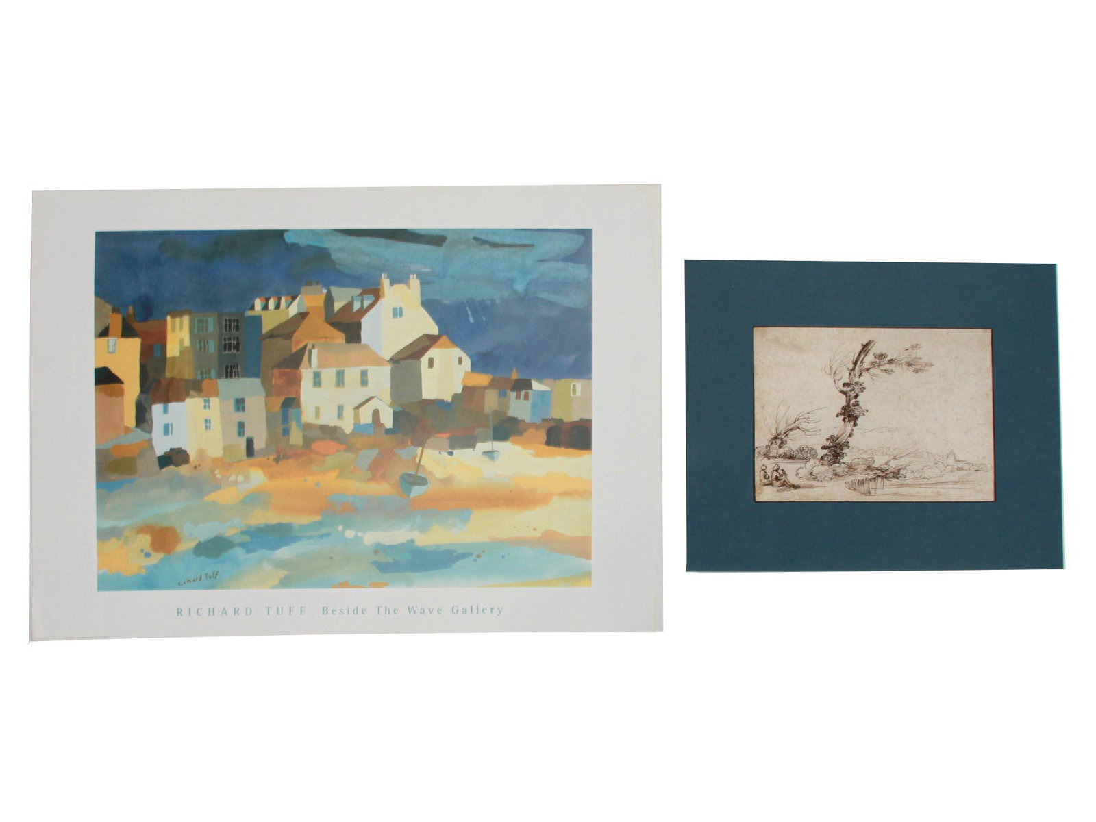 PAIR OF PRINTS BY RICHARD TUFF AND AFTER GUERCINO: First: Richard Tuff (British, born 1965) lithograph on paper depicting the view of houses; signed in print, lower right; titled in print, Richard Tuff Besides The Wave Gallery, lower to the center. Se