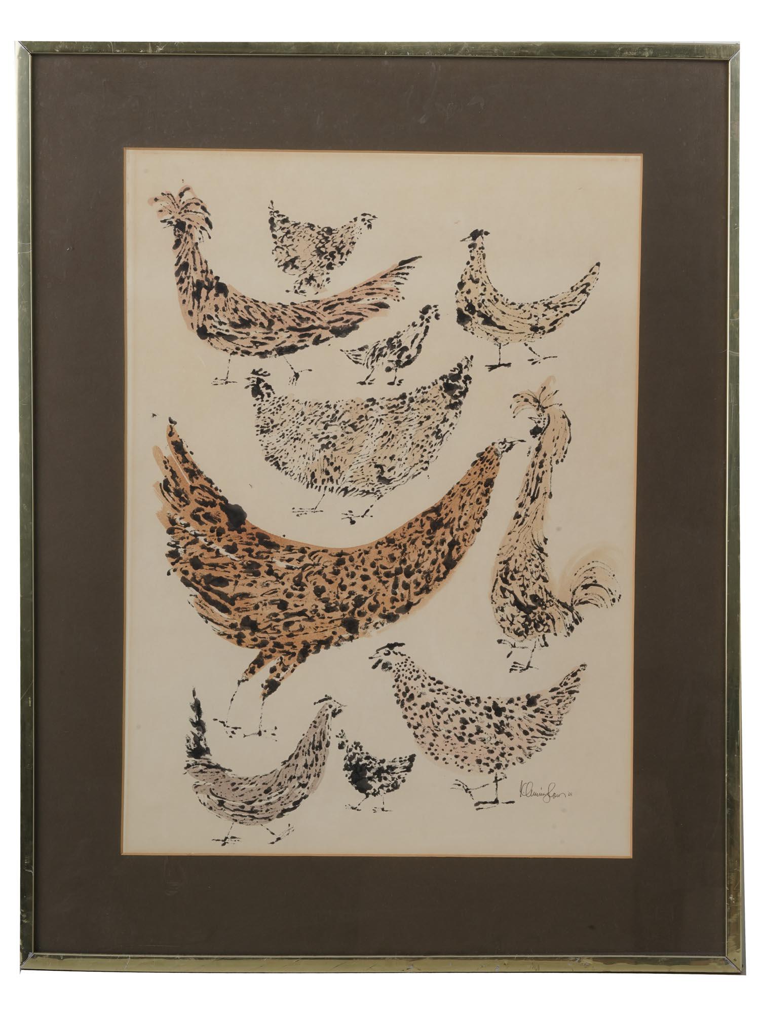 MID CENTURY 1968 LITHOGRAPH CHICKEN BIRDS SIGNED (1 of 5)