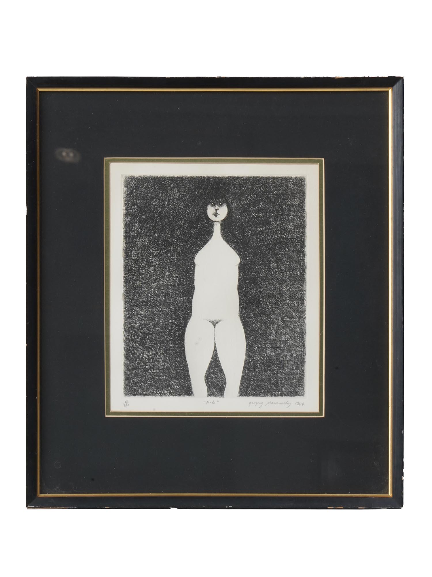 FEMALE NUDE ETCHING 1967 BY GREGORY MASUROVSKY: Gregory Masurovsky, 1929â€“2009, American printmaker. An etching titled Nude. Signed and dated 1967 underneath. Limited edition, numbered 183 out of 250. The artwork is an abstract depiction of a