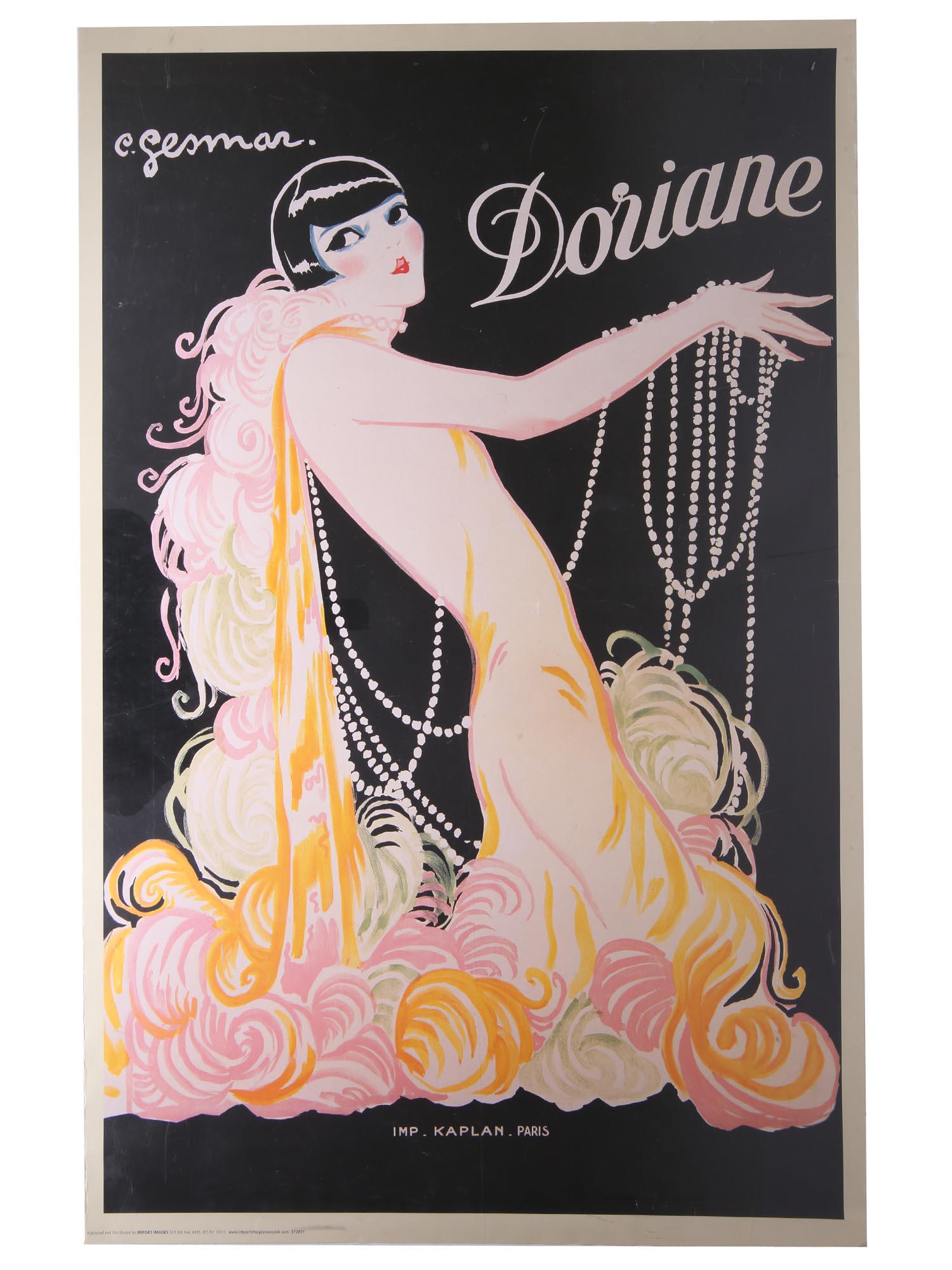 FRENCH DORIANE CABARET POSTER BY CHARLES GESMAR: A vintage French poster, Doriane Chanteuse, by Charles Gesmar, French, 1900 to 1928. Circa; 1920s. The French theatrical Cabaret poster features a woman performer in a yellow and pink feathered dress