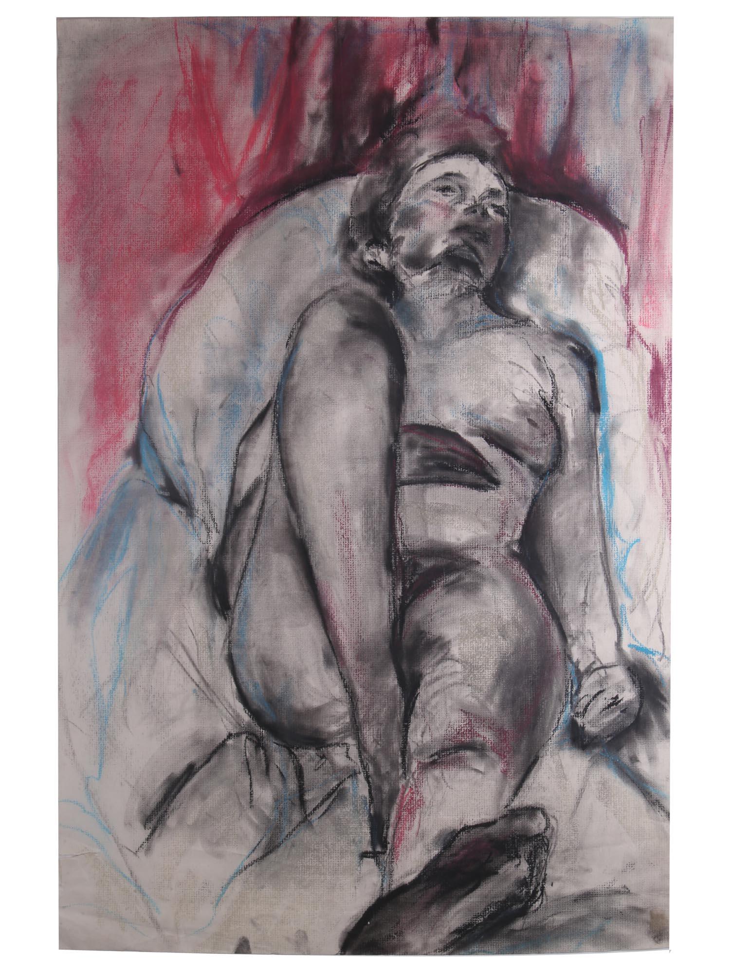 KOREAN MIXED MEDIA PAINTING WOMAN BY YOO KI LEE: Yoo Ki Lee, Korean contemporary artist, mixed media (charcoal and pastel) painting on paper depicting a nude female portrait. Yoo Ki Lee is known for Contemporary artwork in graphic art, photograph an