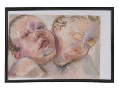 CHARCOAL PORTRAIT PAINTING AFTER JENNY SAVILLE: A charcoal on paper drawing, a copy of an artwork titled Hyphen, 1999, by Jenny Saville, British painter associated with the Young British Artists. She is known for her large-scale painted depictions