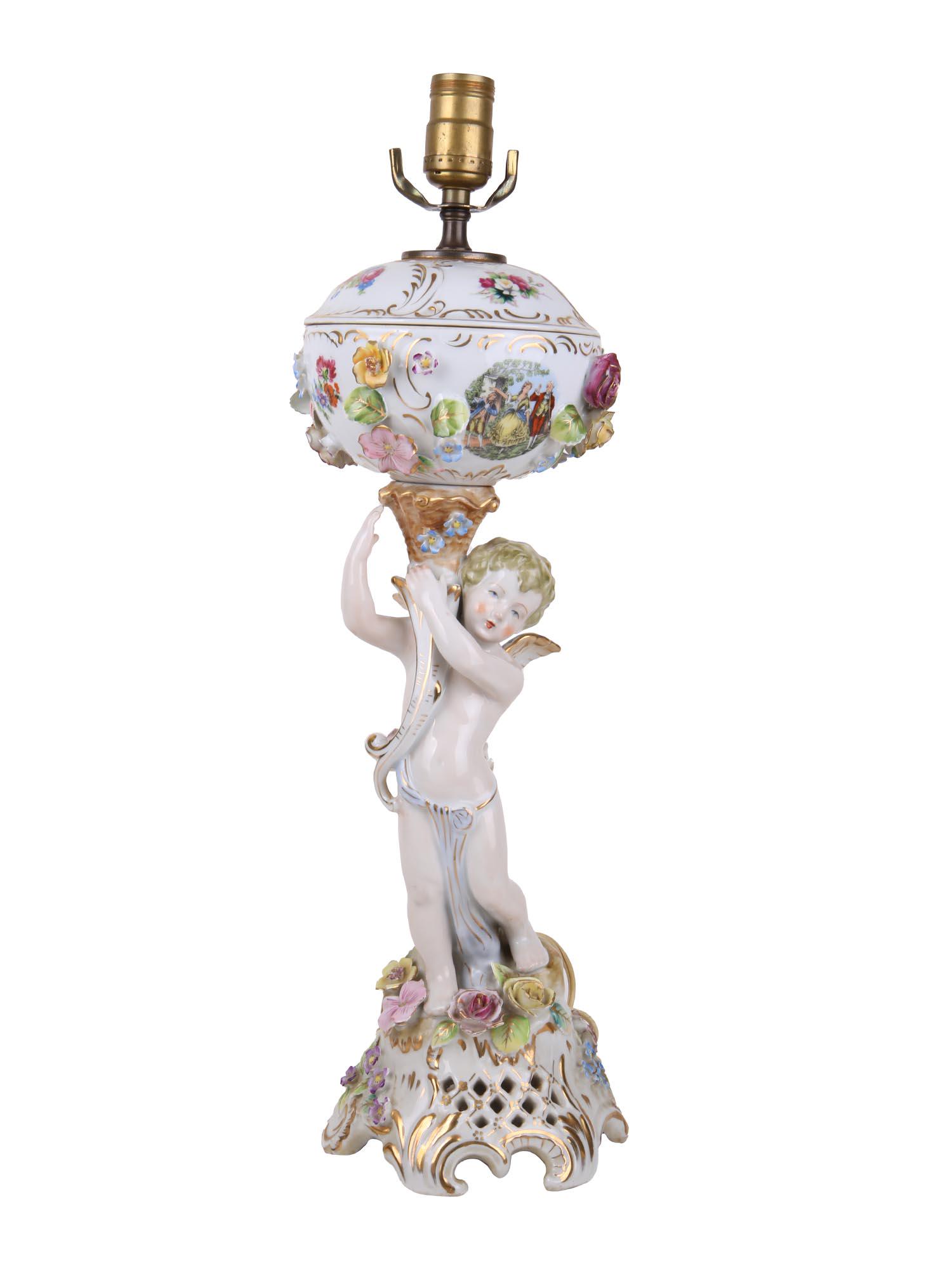 ANTIQUE PORCELAIN ANGEL FLORAL DECOR TABLE LAMP (1 of 10)
