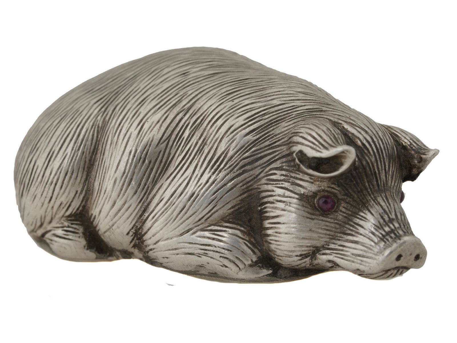 RUSSIAN CARVED SILVER GEMSTONE EYES PIG FIGURINE: A Russian carved silver figure of a pig with inset gemstone eyes. Hallmarked on bottom with 88 Russian silver proof mark and other manufacturer marks. Weight 43 grams. Russian Decorative Silverware Co