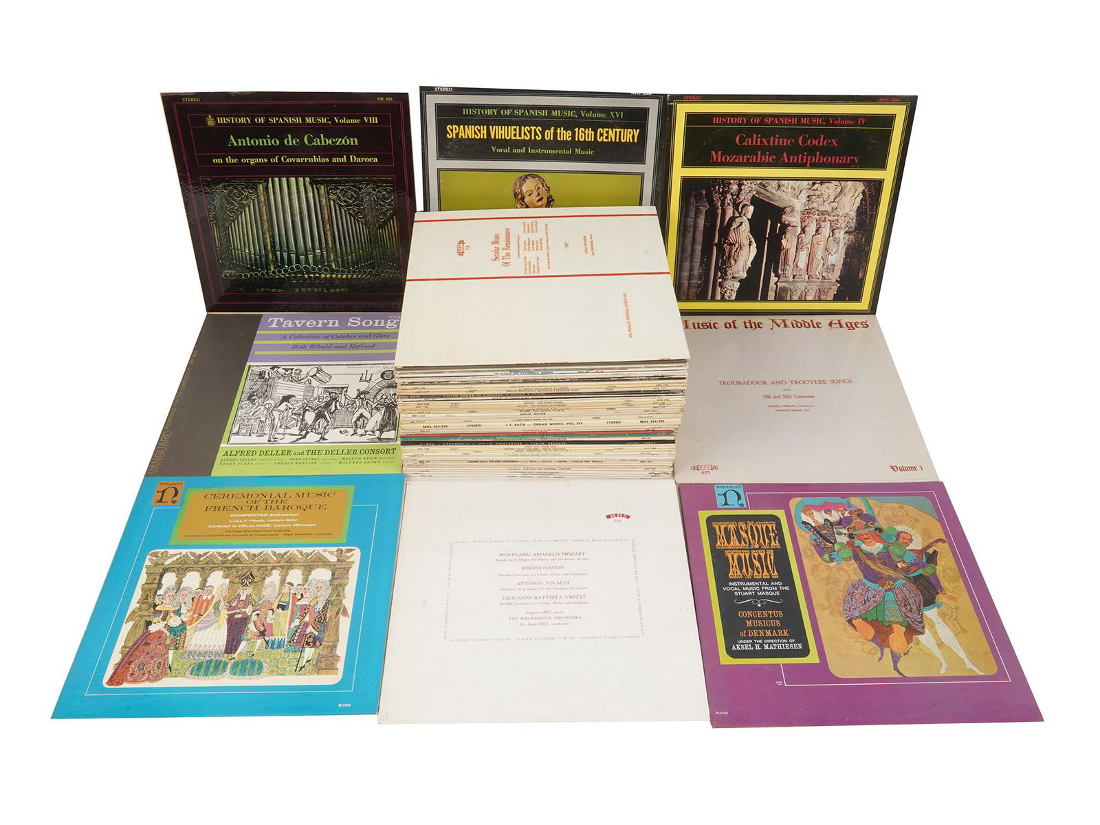 MEDIEVAL RENAISSANCE BAROQUE MUSIC LP VINYL: A collection of 55 vintage vinyl recordings, mainly classical music albums including The History of Spanish Music, Vol. 16: Spanish Vihuelists of the 16th Century, Vocal and Instrumental Music, Vol. 4