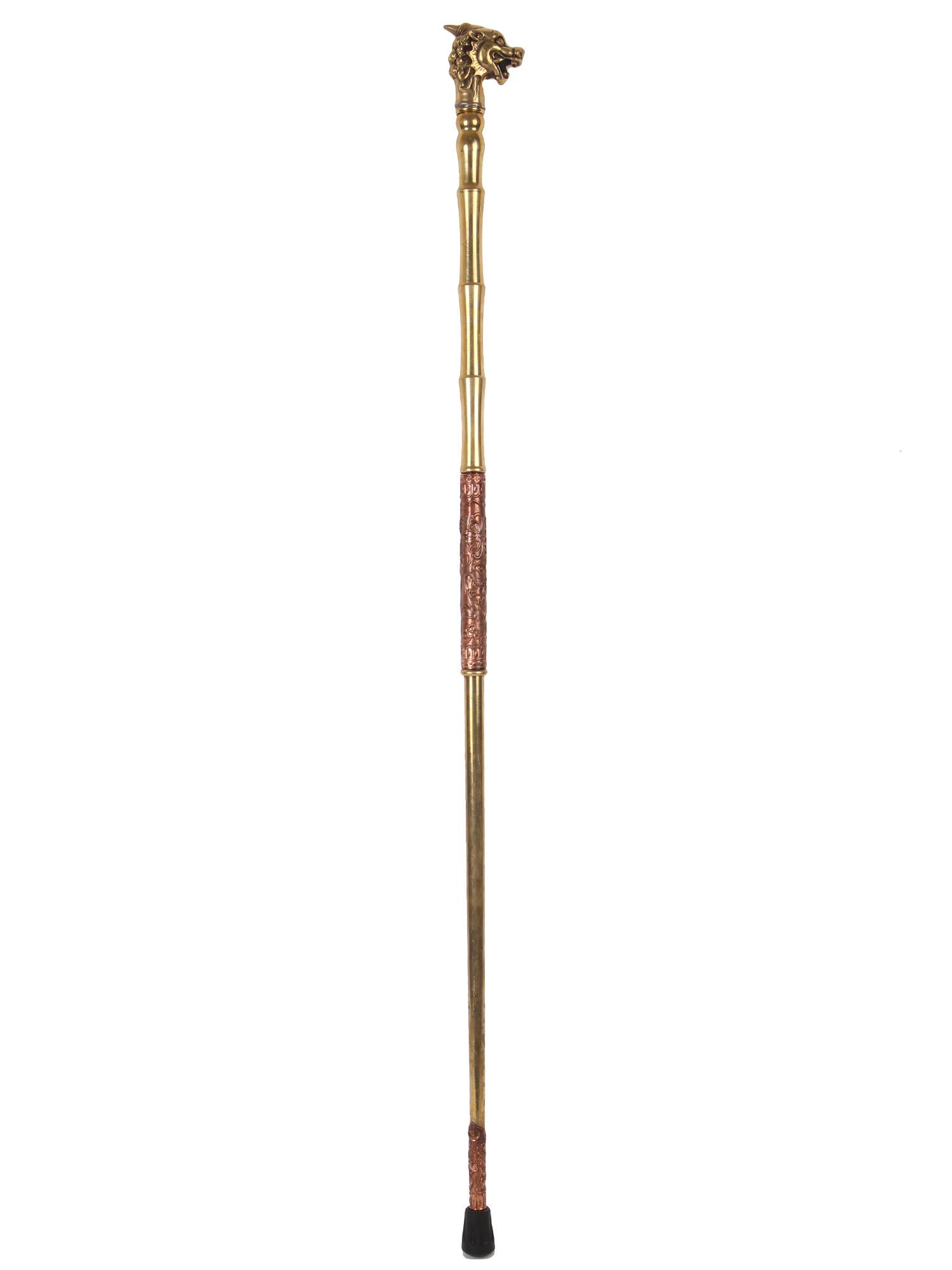 VINTAGE ASIAN DRAGON HEAD SWORD CANE: A vintage Asian brass cane with a steel sword hidden inside, which can be accessed by unscrewing the handle. The bottom of the cane features a tough rubber gripper. The head of the cane was constructe