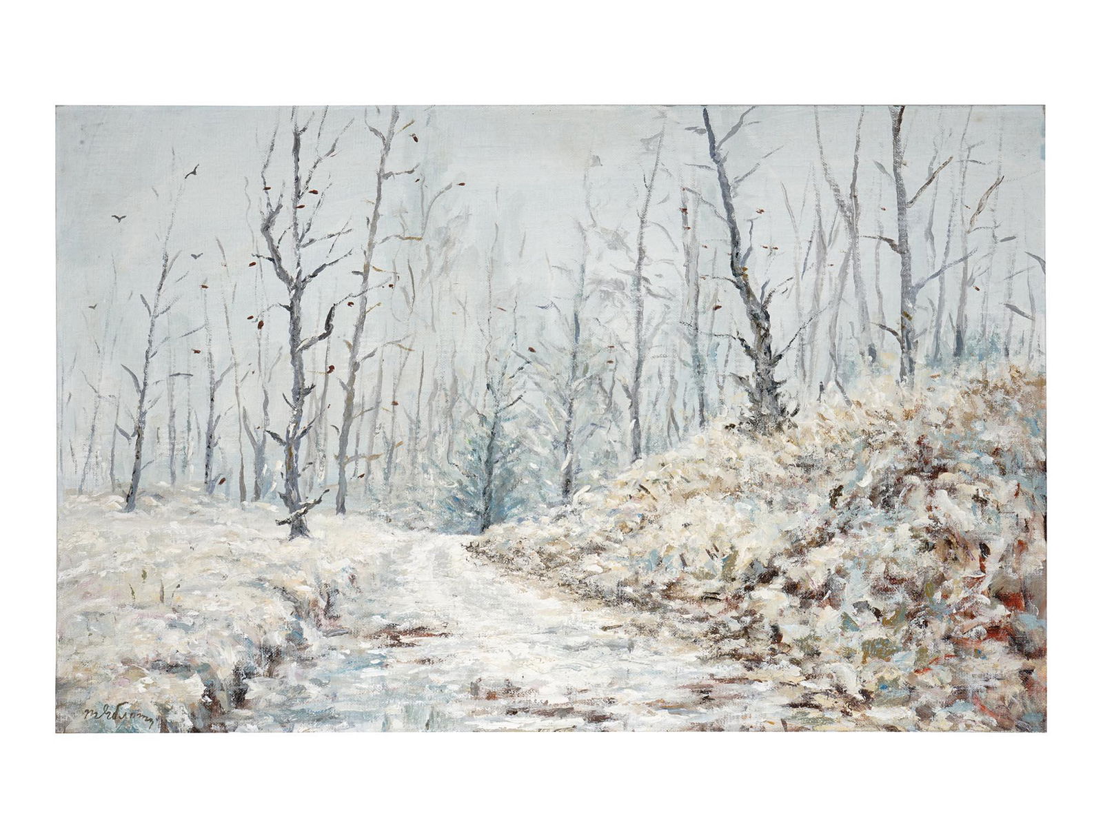 RUSSIAN OIL PAINTING BY TATIANA YABLONSKAYA: Tatiana Yablonskaya, Russian Soviet, Ukrainian, 1917 to 2005, oil painting on canvas mounted on cardboard depicting a forest landscape. Signed lower left. Tatiana Nilovna Yablonskaya was a Soviet, Ukr