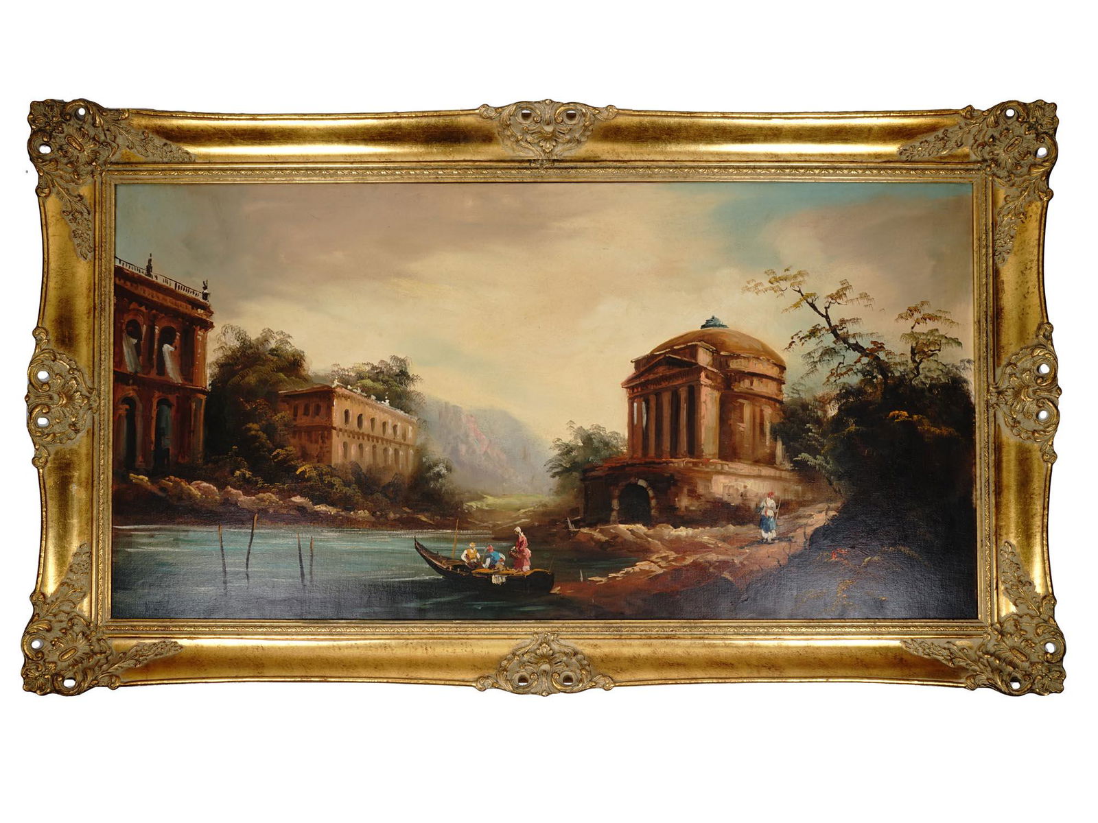 OIL PAINTING ITALIAN LANDSCAPE WITH RUINS SIGNED: Oil on canvas painting depicting an Italian landscape with ancient ruins. This genre was very popular in the 18th century, here works by Hubert Robert and Giovanni Paolo Panini can be mentioned. Signe