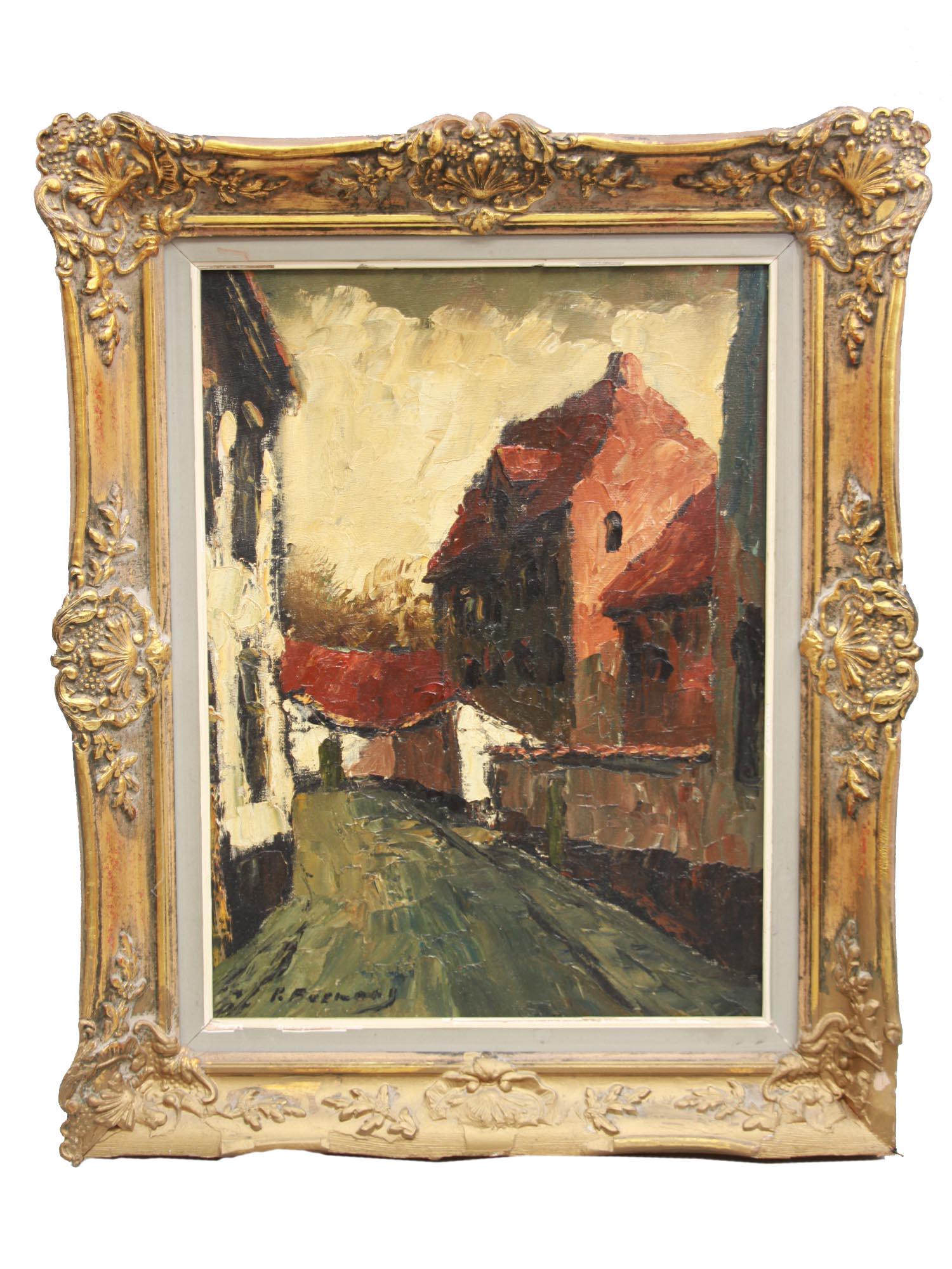 ATTR TO FREDERICK FURSMAN OIL PAINTING OF VILLAGE: Attributed to Frederick Frary Fursman (American, 1874-1943) oil painting on canvas depicting a village road view. Signed lower left. Framed. Frederick Fursman is known for Impressionist landscape and