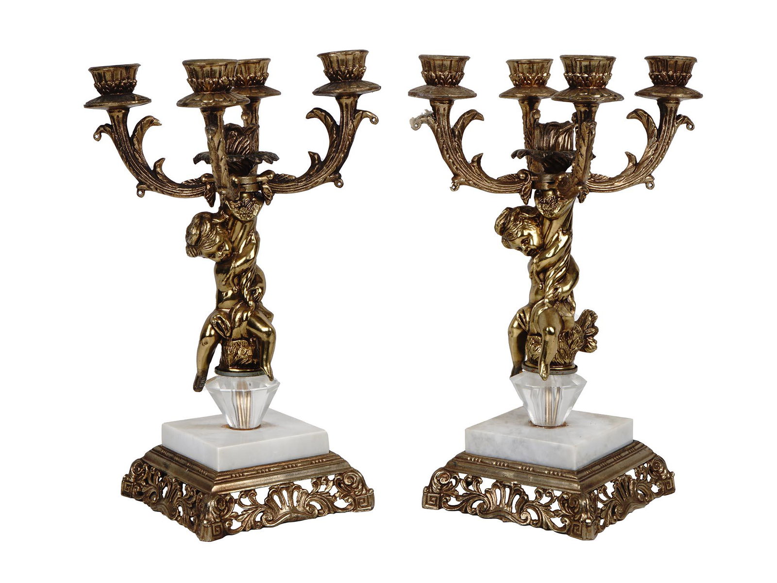 ANTIQUE CORNELL BRASS CANDELABRAS WITH CHERUB ANGELS (1 of 7)