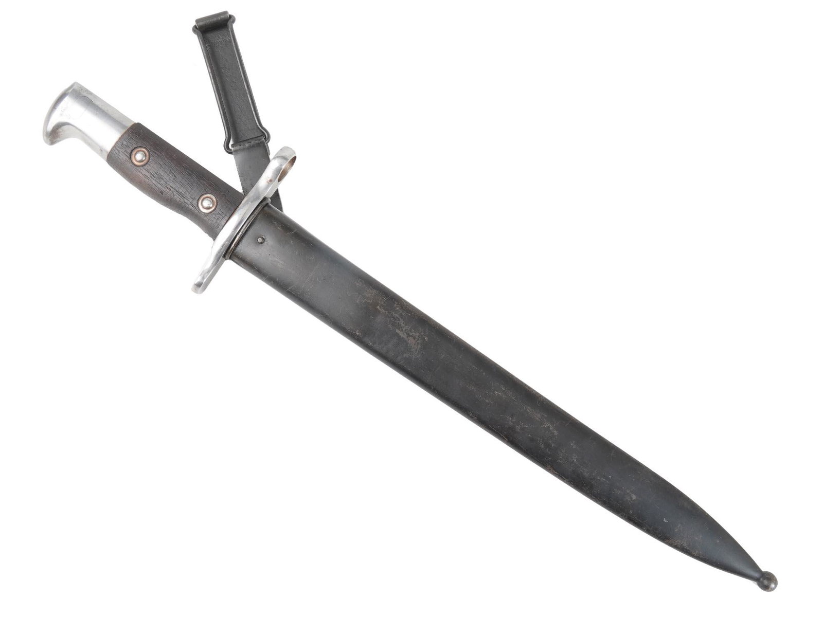 US MODEL 1892 KRAG RIFLE BAYONET: The ricasso is crisply stamped the US on one side and 1900 on the other. Metal scabbard with ball shaped toe and metal belt hanger. The lock and the release button function. Dimensions: Length 17 1/4 
