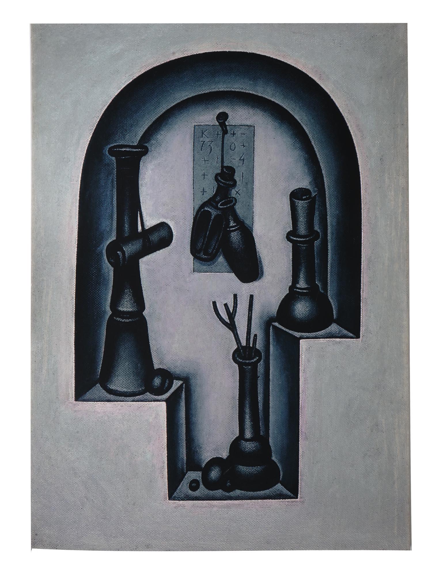 RUSSIAN GICLEE PRINT ON CANVAS BY KRASNOPEVTSEV: A giclee print on canvas depicting a Cubist still life with bottles and other objects in a niche, 1973, after Dimitri Mikhailovich Krasnopevtsev, Russian Soviet, 1925 to 1995. Signed and dated in the 