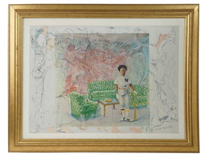 PP LITHOGRAPH BASEBALL PLAYER SIGNED RAINER GROSS: Rainer Gross, born in 1951, German-American artist. Printer's proof lithograph, ca. 1979. The artwork titled Louisville Slugger depicts a young African-American boy in a baseball uniform standing in t