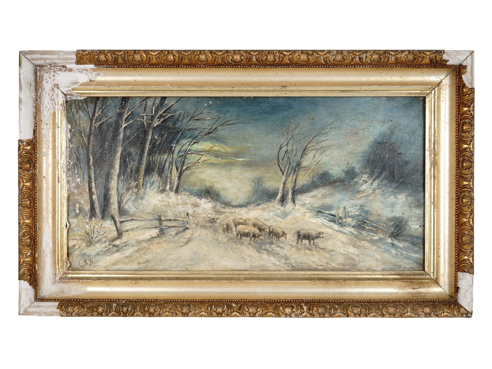 AMERICAN WINTER LANDSCAPE SHEEP PAINTING SIGNED (1 of 9)