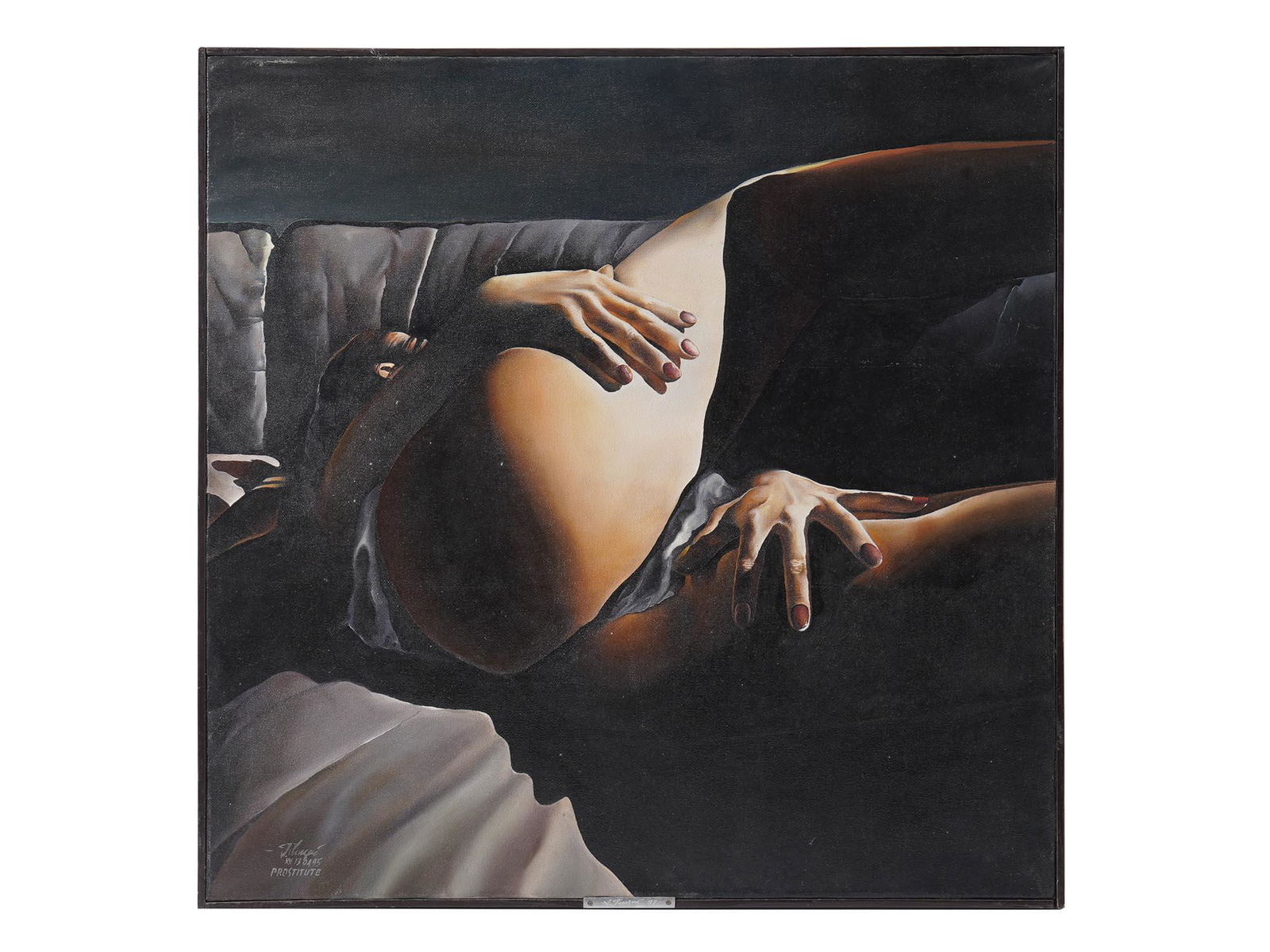 RUSSIAN PAINTING PROSTITUTE BY ALEXANDER KINSKI: Alexander Kinski, Russian Belorussian Soviet, born 1943, oil painting on canvas, Prostitute, 1995. Signed, titled, and dated lower left. Framed. Additionally signed, titled, dated, and inscribed in Cy