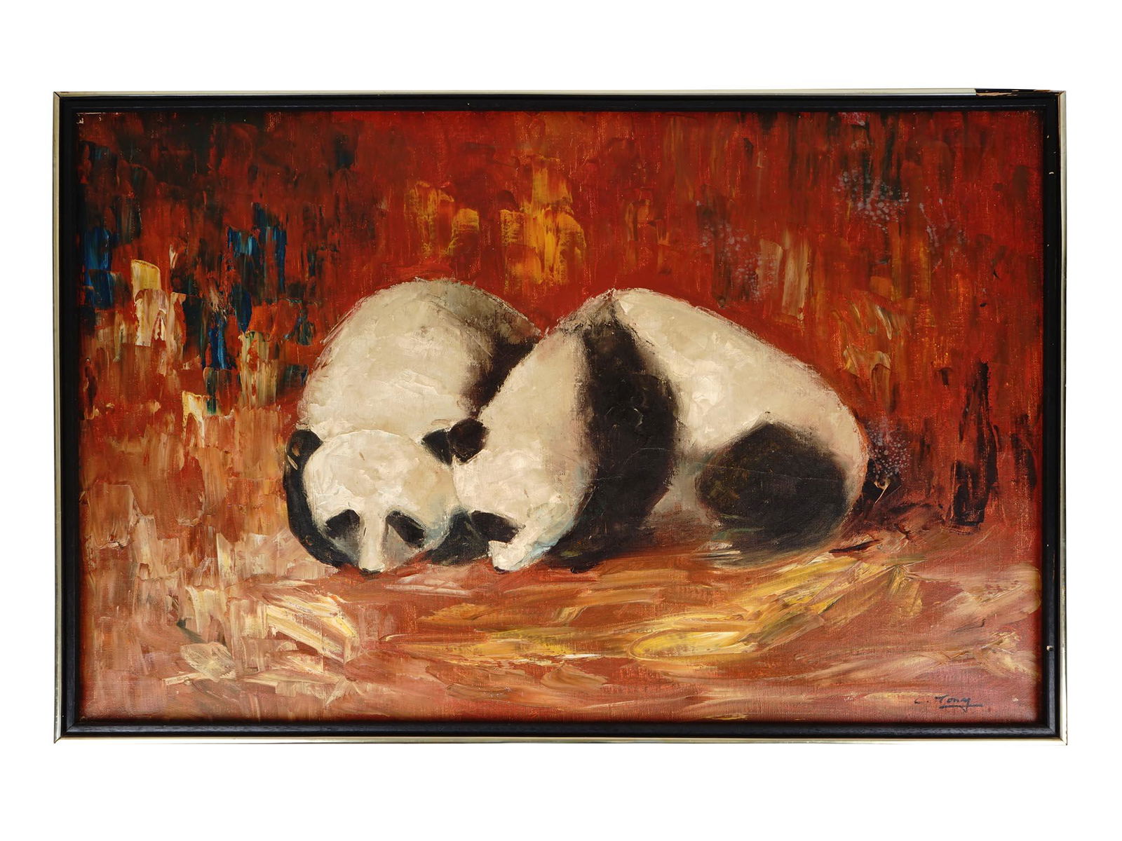 CHINESE OIL PAINTING PANDAS SIGNED BY THE ARTIST: A Chinese oil painting on canvas depicting a pair of pandas. Signed by the artist, C. Tong, lower right. Framed. The panda has been the symbol of the WWF since 1961. Pandas live in mountainous bamboo