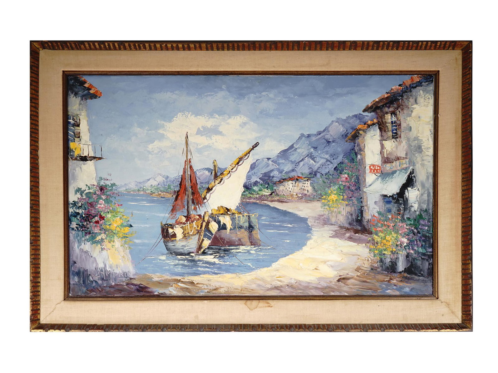 ITALIAN OIL PAINTING SEASCAPE BY GIOVANNI CAMPRIO: Giovanni Camprio, Italian, 1915 to 1999, oil painting on canvas depicting an Italian coastal sea scape. Signed lower left. Framed. Giovanni Camprio is known for his oil and acrylic seascape and Medite