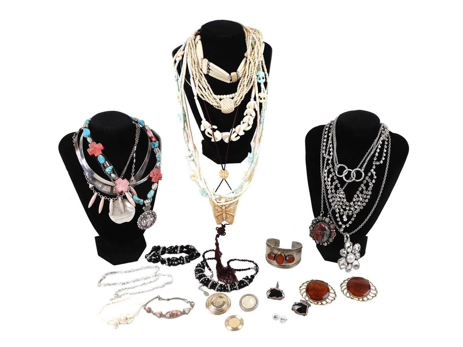 COSTUME JEWELRY AND FOLK ETHNIC ACCESSORIES: A large collection of fashionable vintage jewelry for women. Includes a carved mother of pearl pin with a gold tone frame by General Mfg USA, marked on the back: General Mfg USA and Pat. Pend, MUSI vi