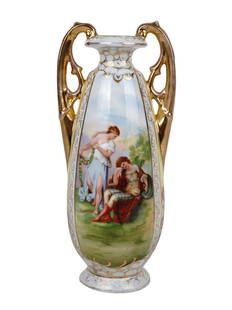 ANTIQUE 1900S VON SCHIERHOLZ PLAUE PORCELAIN VASE: An antique urn-shaped porcelain vase with figurative handles by C.G. Schierholz & Sohn, later known as Von Schierholz Porzellan Manufaktur Plaue, a German porcelain manufacture. Made in the period aro