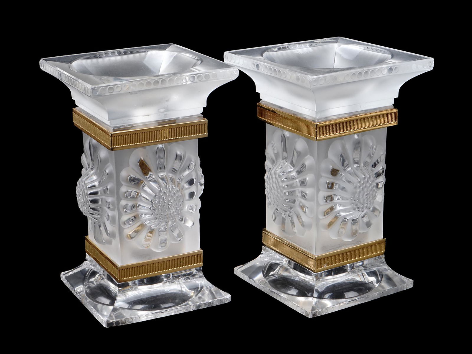 LALIQUE GILT GLASS COLUMN CANDLESTICKS SIGNED (1 of 12)