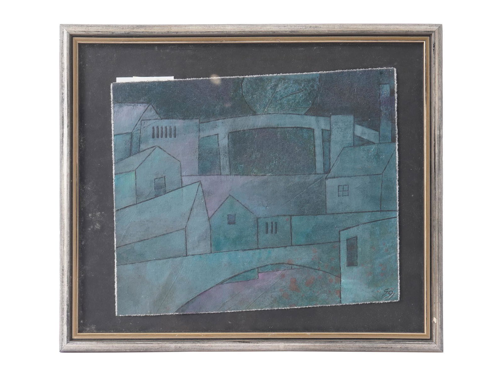 ABSTRACT MINIMALIST OIL PAINTING BLUE CITYSCAPE (1 of 5)