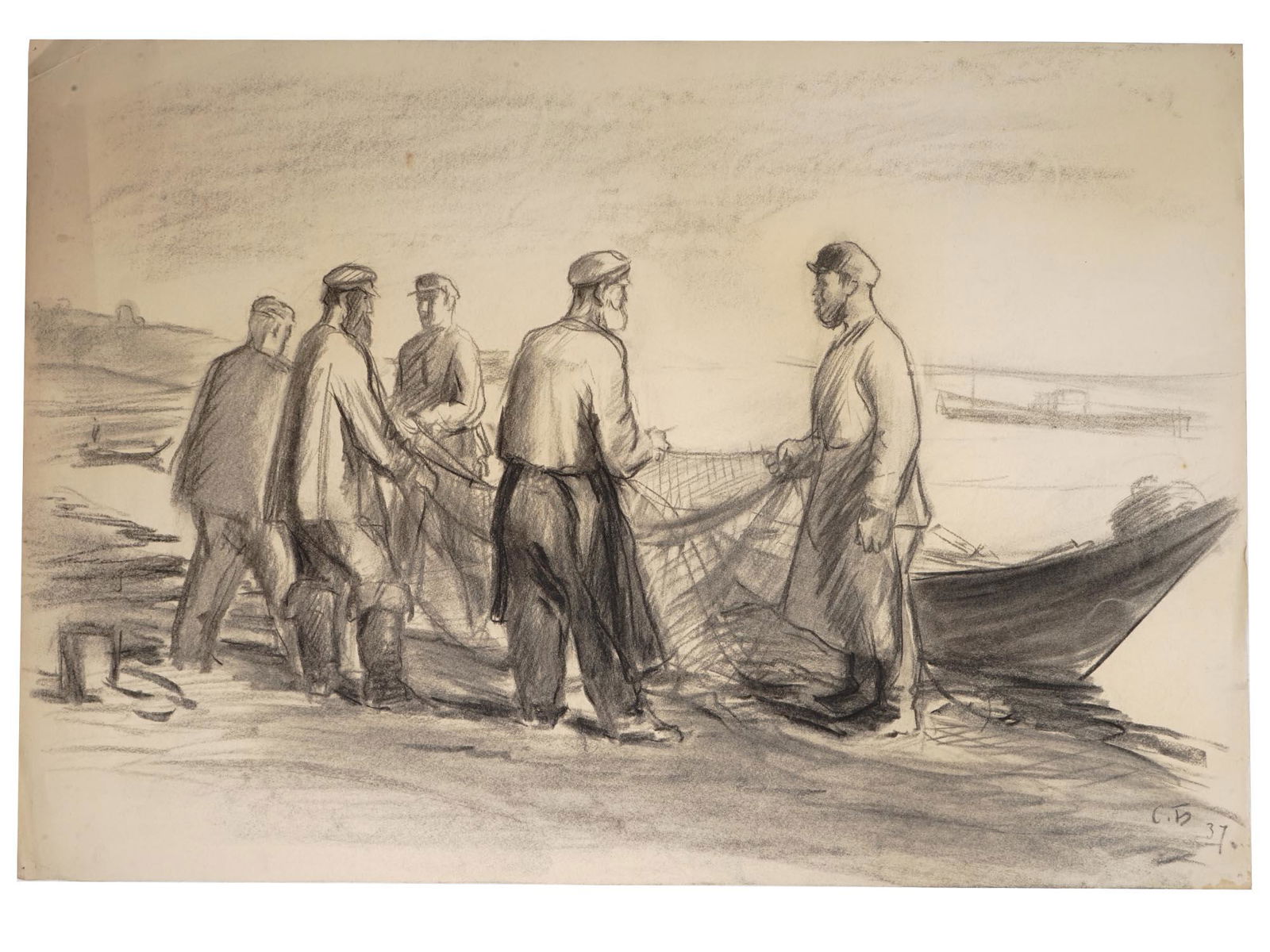 RUSSIAN CHARCOAL DRAWING FISHERMEN BY SOLOMON BOIM (1 of 11)