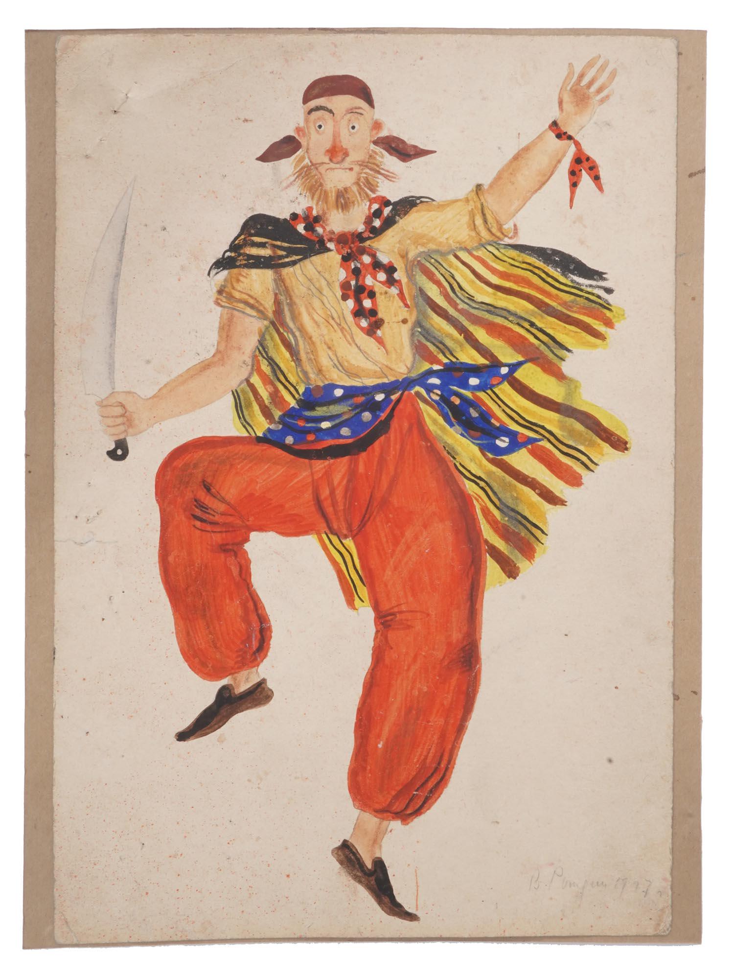 RUSSIAN SOVIET PAINTING BY VADIM RYNDIN: Vadim Ryndin, Russian, 1902 to 1974, gouache and pencil on paper theatre costume design, 1927. Signed and dated lower right. Vadim Fyodorovich Ryndin, a Soviet costume and stage designer, Peoples Arti